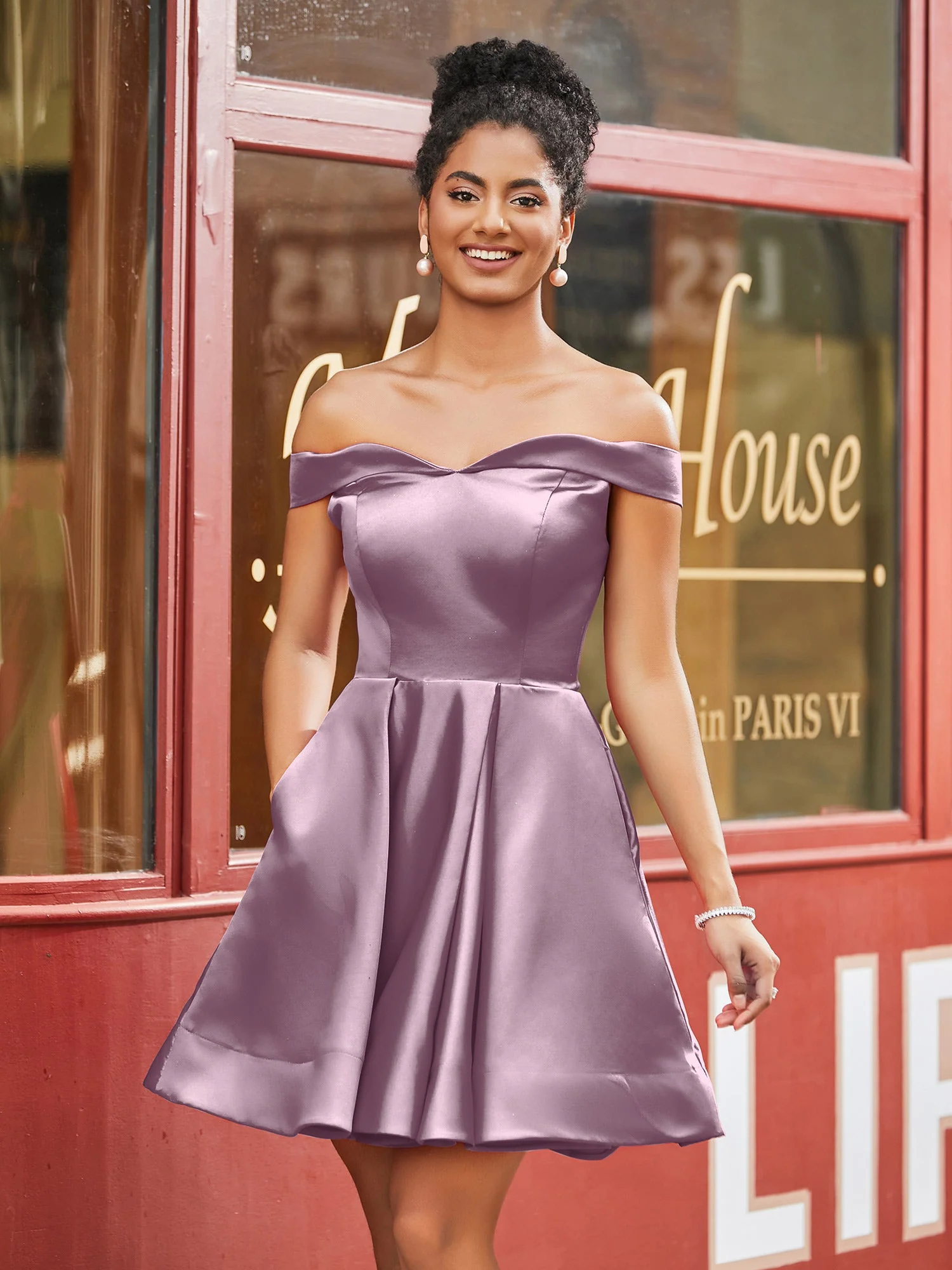 Schulterfreies Satin Heimkehrkleid mit Taschen Vintage Mauve - Image 3