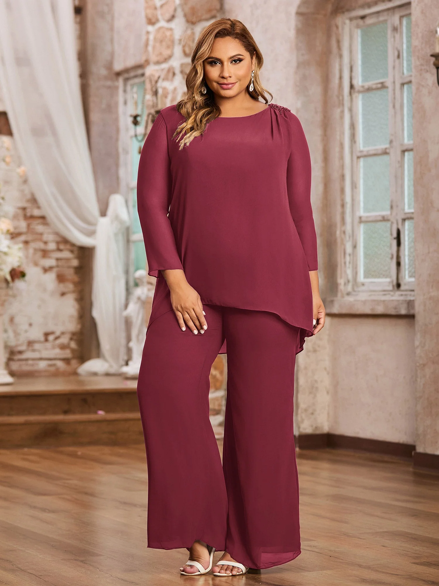 Scoop Chiffon Bodenlang Perle Hose Anzug Zimtrose Übergröße - Image 3