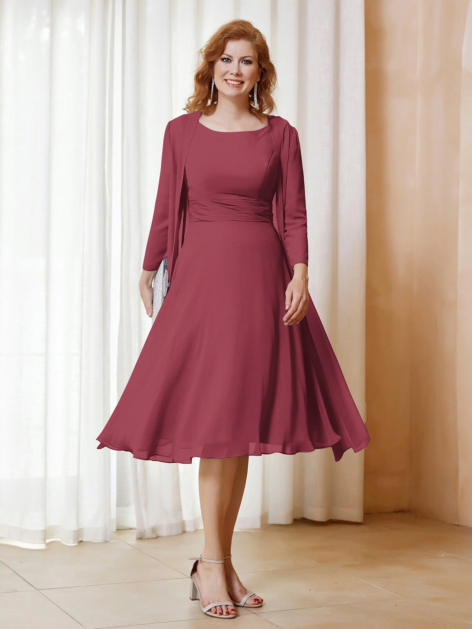 Scoop Rüschen Chiffon Kleid mit Jacke Zimtrose Übergröße