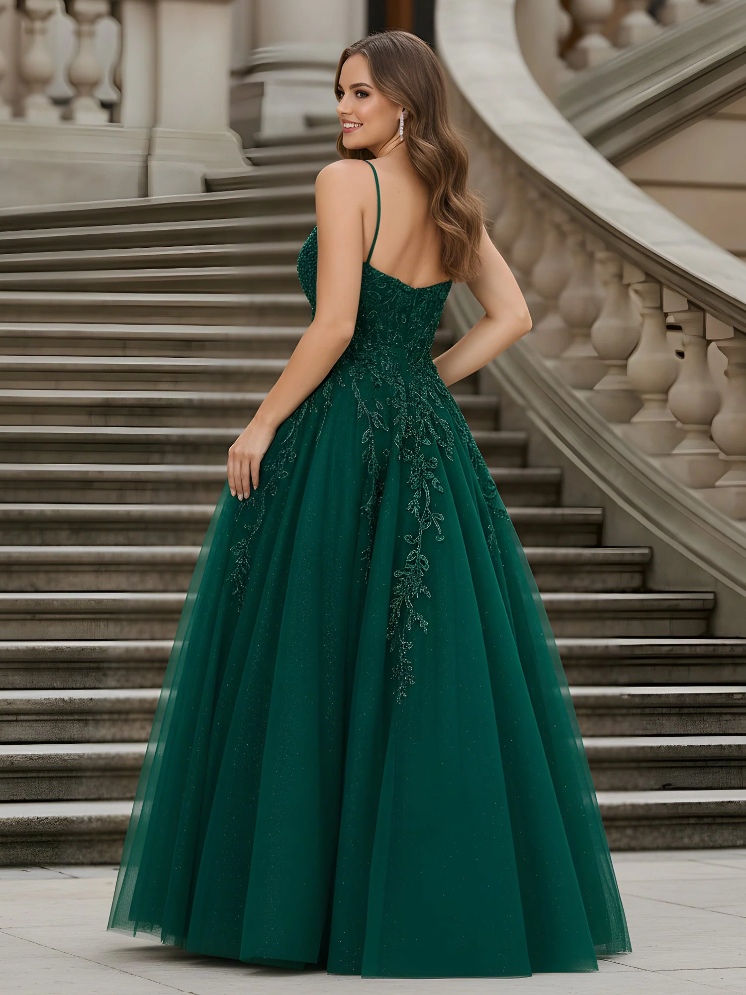 Perlen Applique Spaghettiträger A-Linie Kleid Dunkelgrün - Image 2
