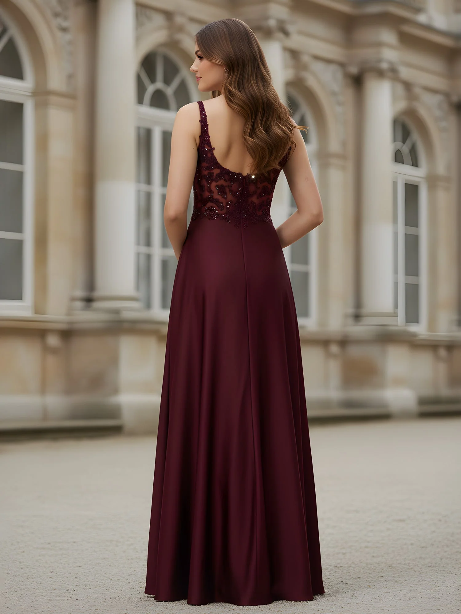 Ärmellos Spitze Pailletten A-Linie Lang Kleid Königsblau - Image 2