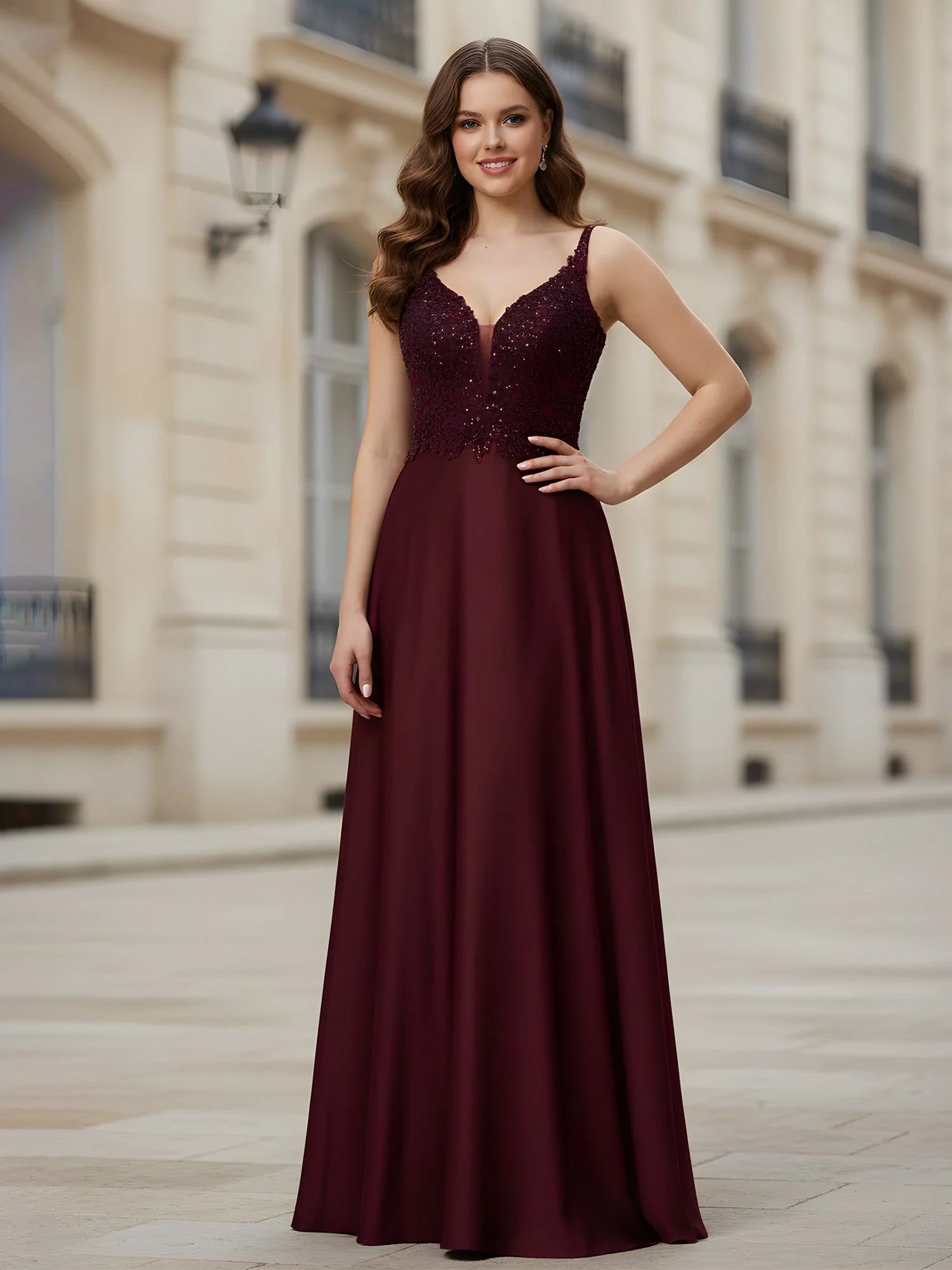 Ärmellos Spitze Pailletten A-Linie Lang Kleid Staubiges Blau
