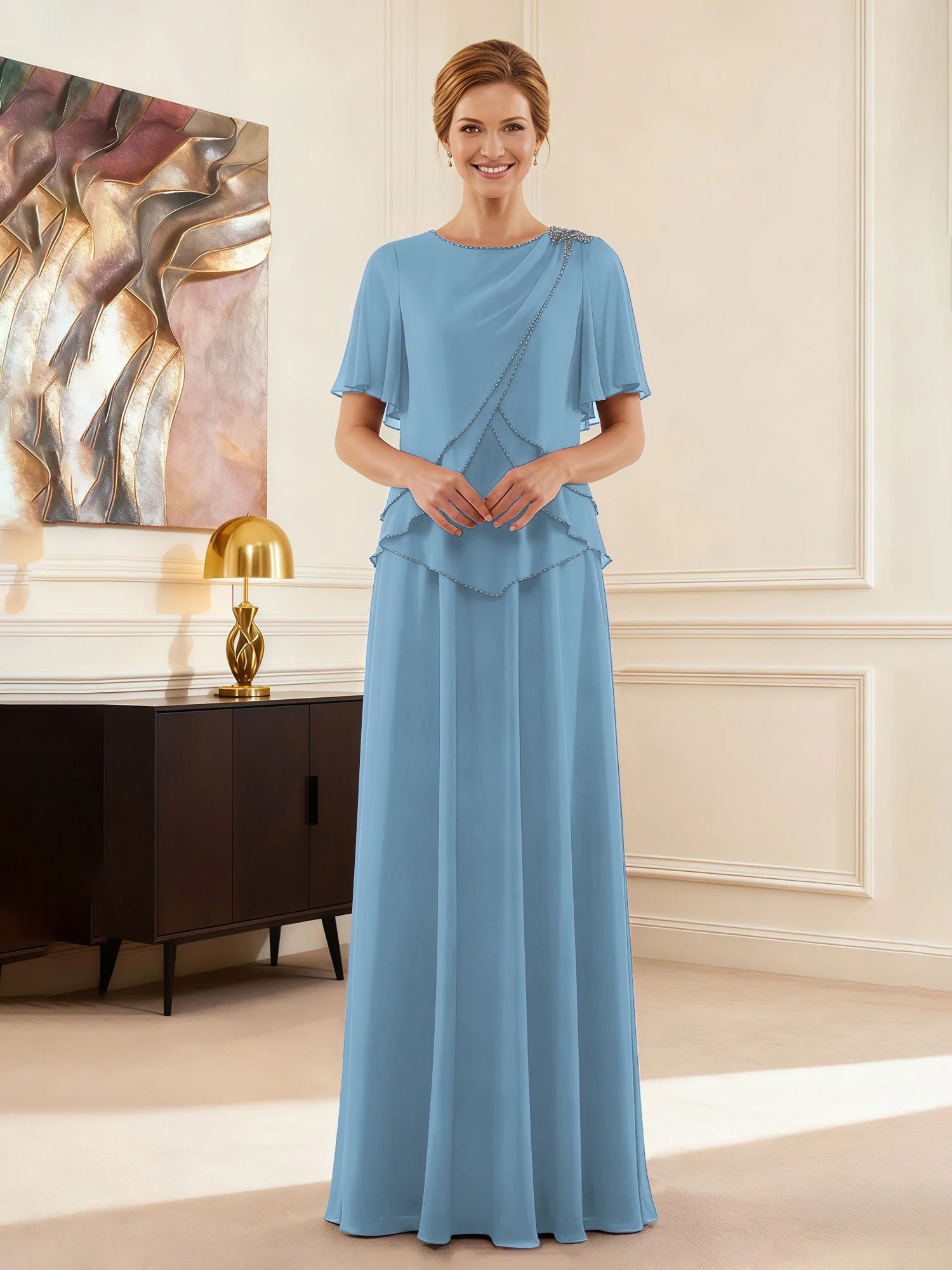 Cap Ärmel Schmuck Ausschnitt Formell Kleid Blau