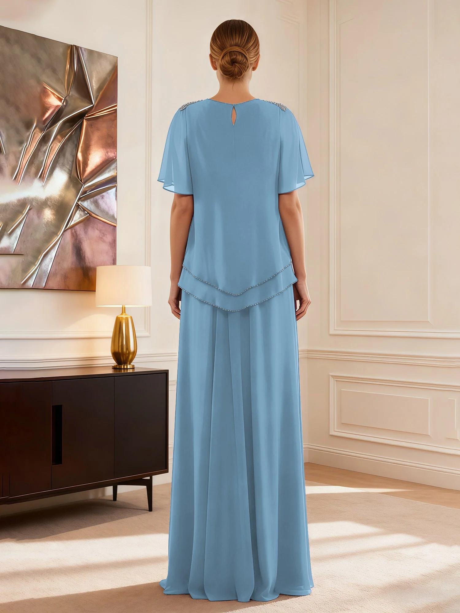 Cap Ärmel Schmuck Ausschnitt Formell Kleid Blau - Image 2