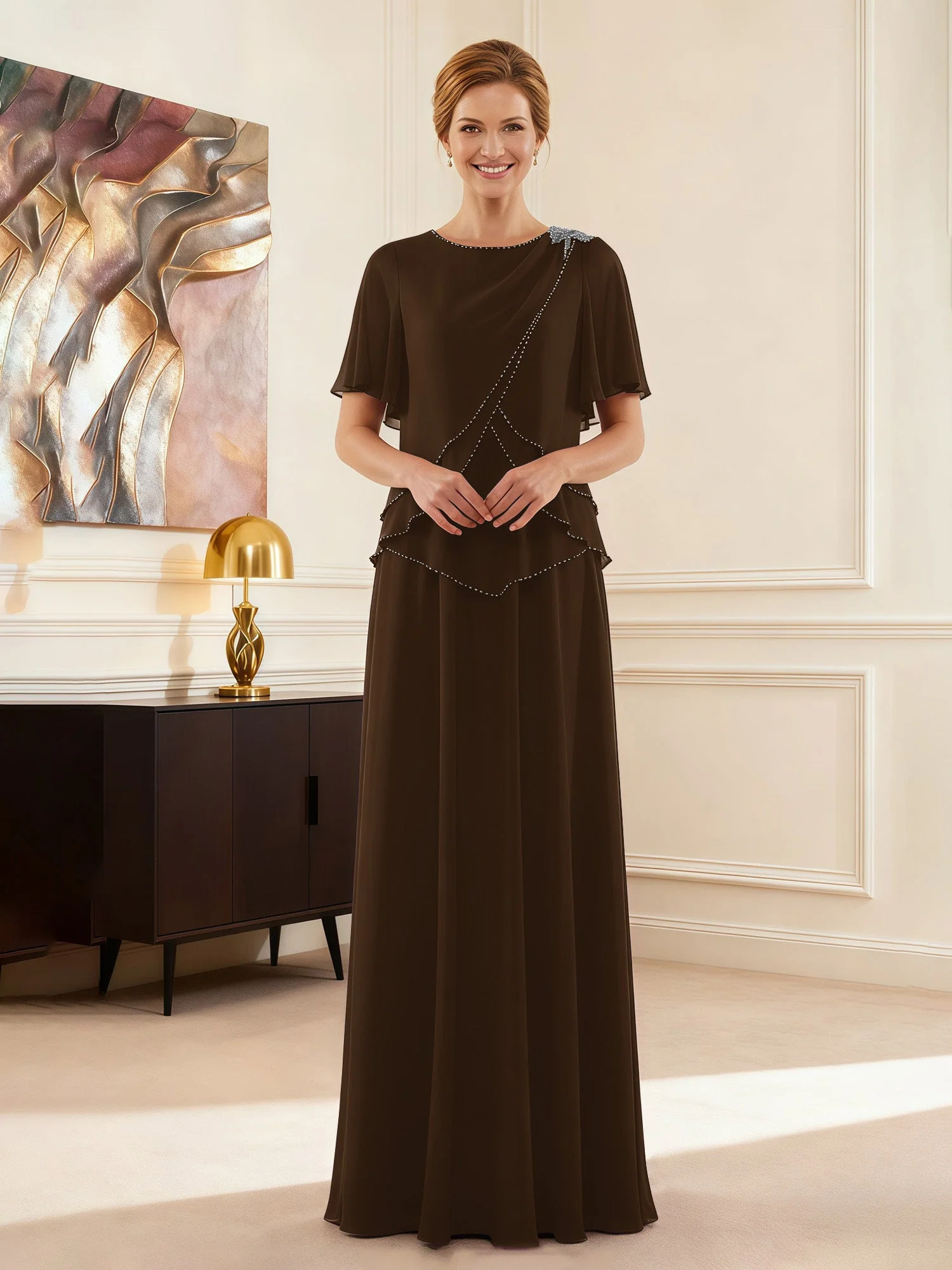 Cap Ärmel Schmuck Ausschnitt Formell Kleid Braun