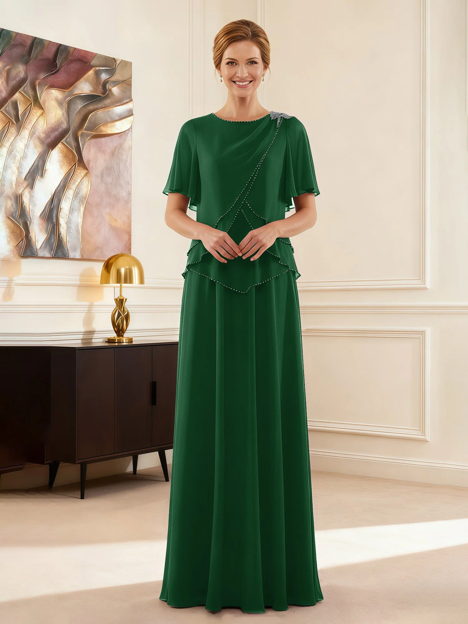 Cap Ärmel Schmuck Ausschnitt Formell Kleid Dunkelgrün
