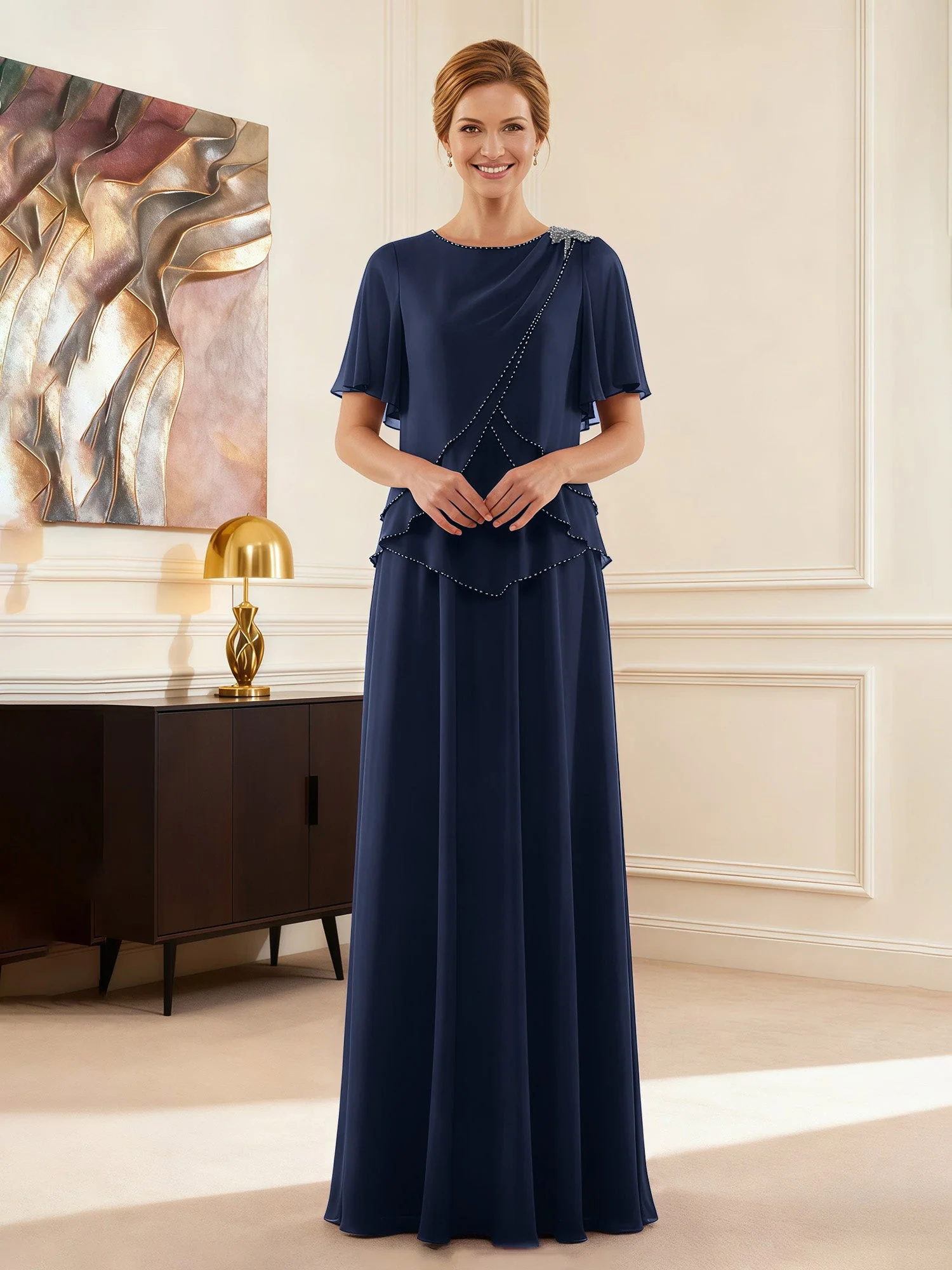 Cap Ärmel Schmuck Ausschnitt Formell Kleid Dunkelmarine