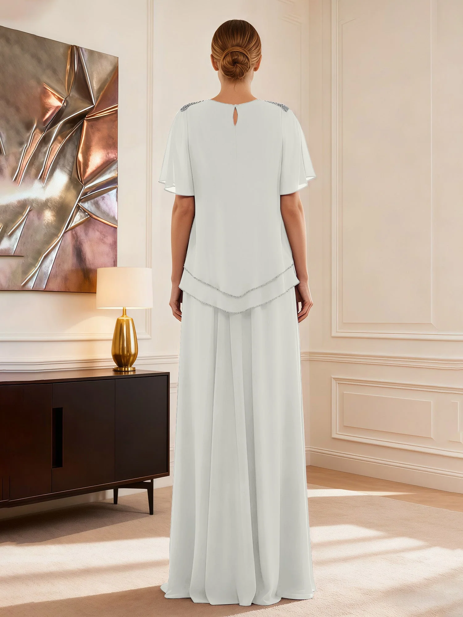 Cap Ärmel Schmuck Ausschnitt Formell Kleid Elfenbein - Image 2