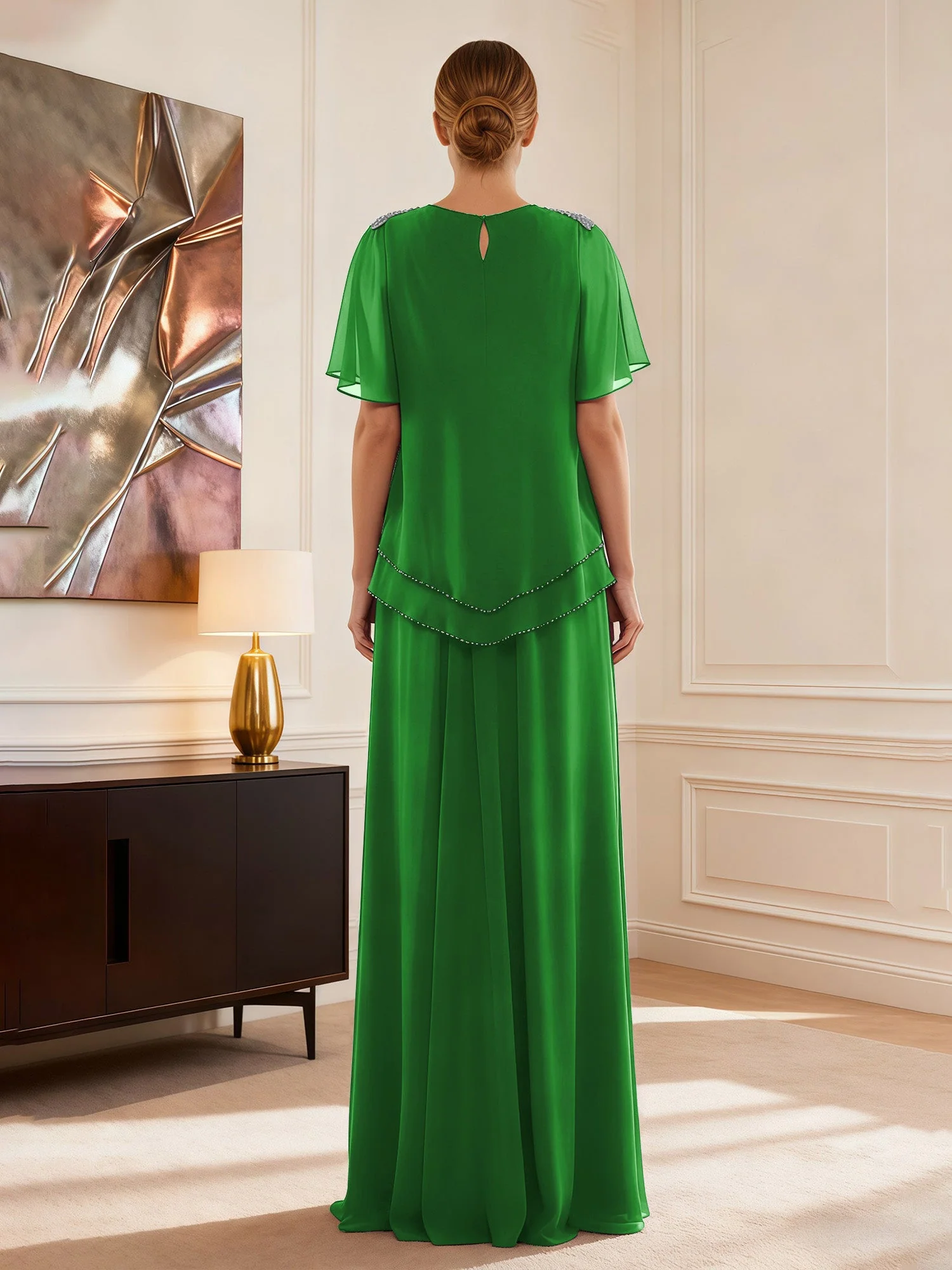 Cap Ärmel Schmuck Ausschnitt Formell Kleid Grün - Image 2