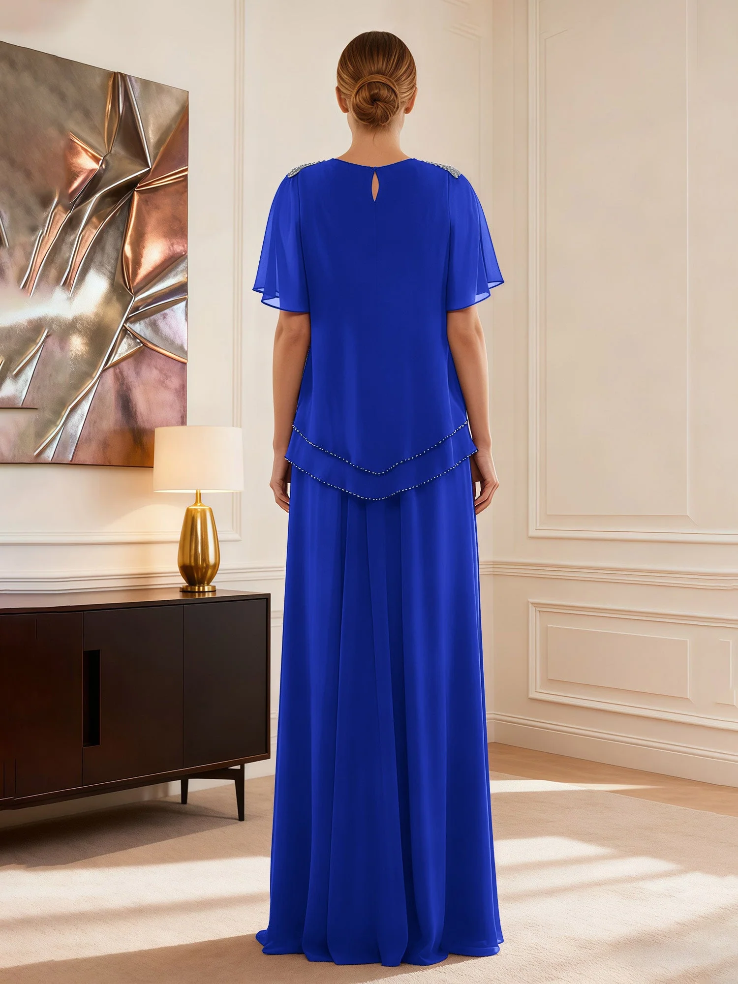 Cap Ärmel Schmuck Ausschnitt Formell Kleid Königsblau - Image 2