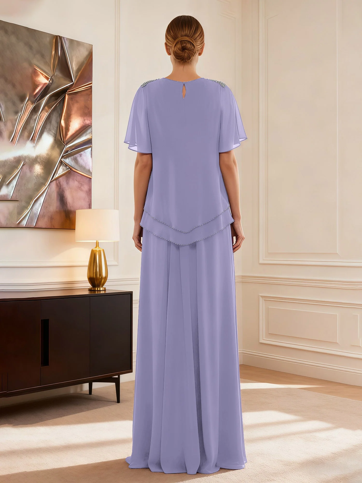 Cap Ärmel Schmuck Ausschnitt Formell Kleid Lavendel - Image 2
