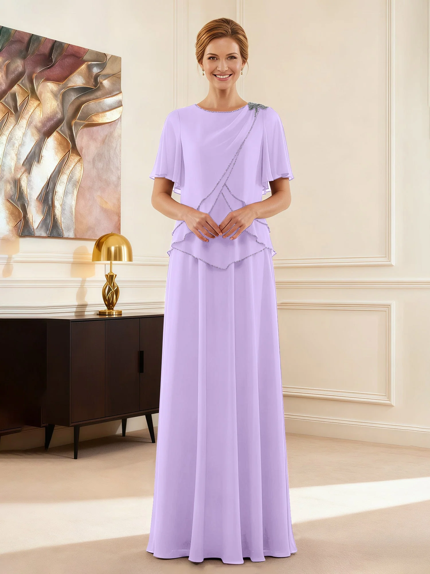 Cap Ärmel Schmuck Ausschnitt Formell Kleid Lila