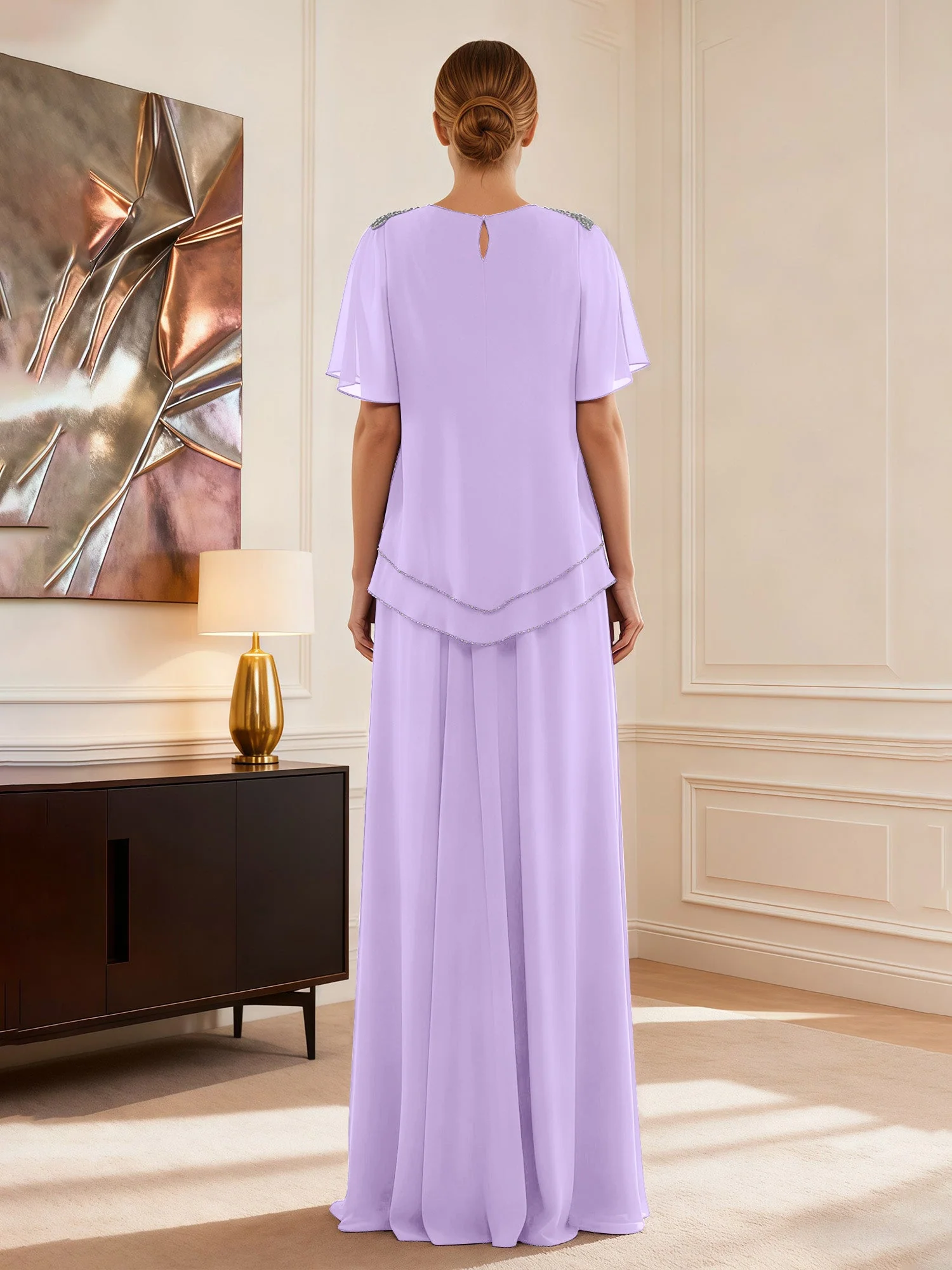 Cap Ärmel Schmuck Ausschnitt Formell Kleid Lila - Image 2