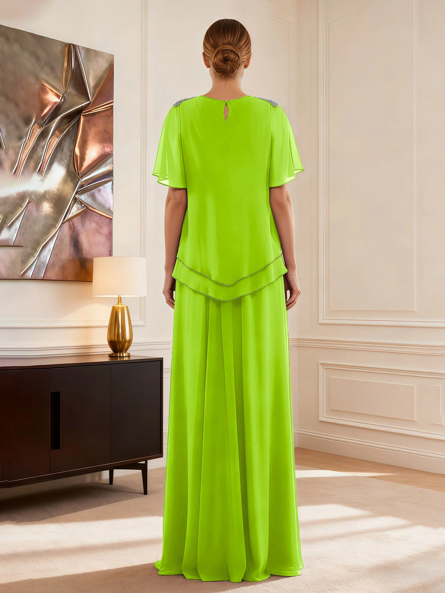 Cap Ärmel Schmuck Ausschnitt Formell Kleid Lindgrün - Image 2