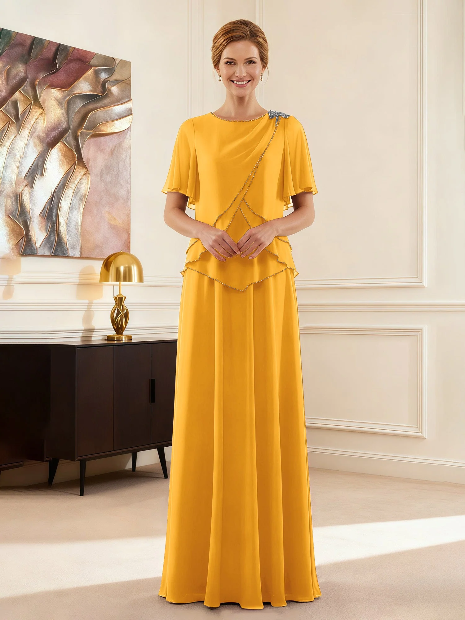 Cap Ärmel Schmuck Ausschnitt Formell Kleid Mandarine