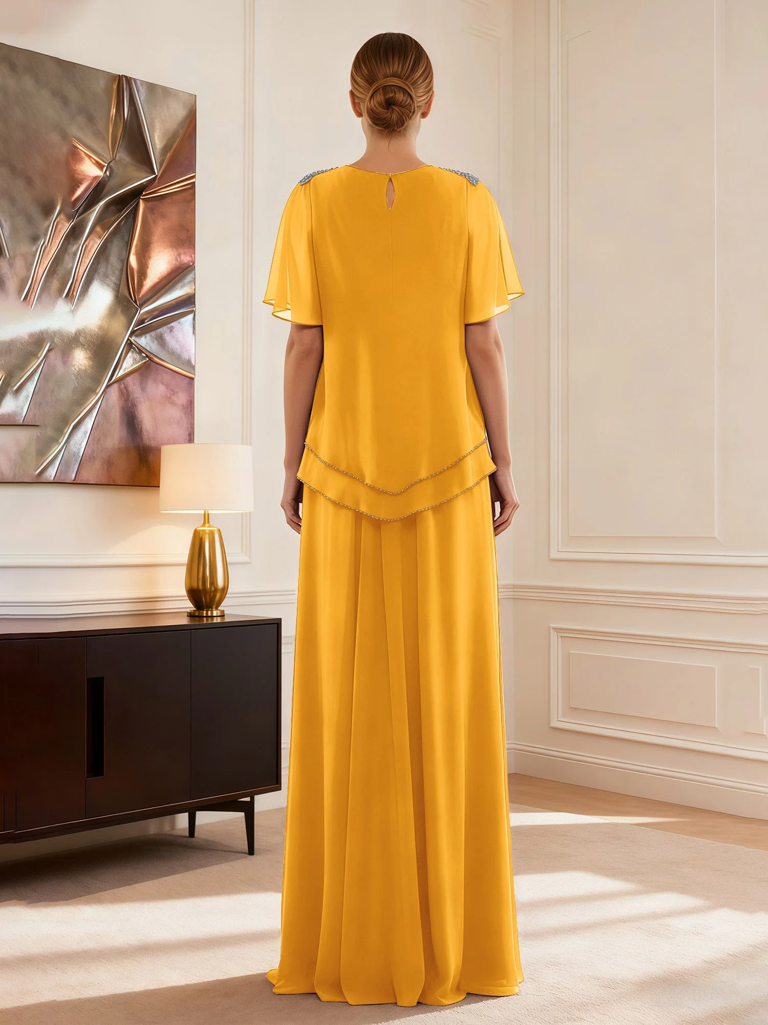 Cap Ärmel Schmuck Ausschnitt Formell Kleid Mandarine - Image 2