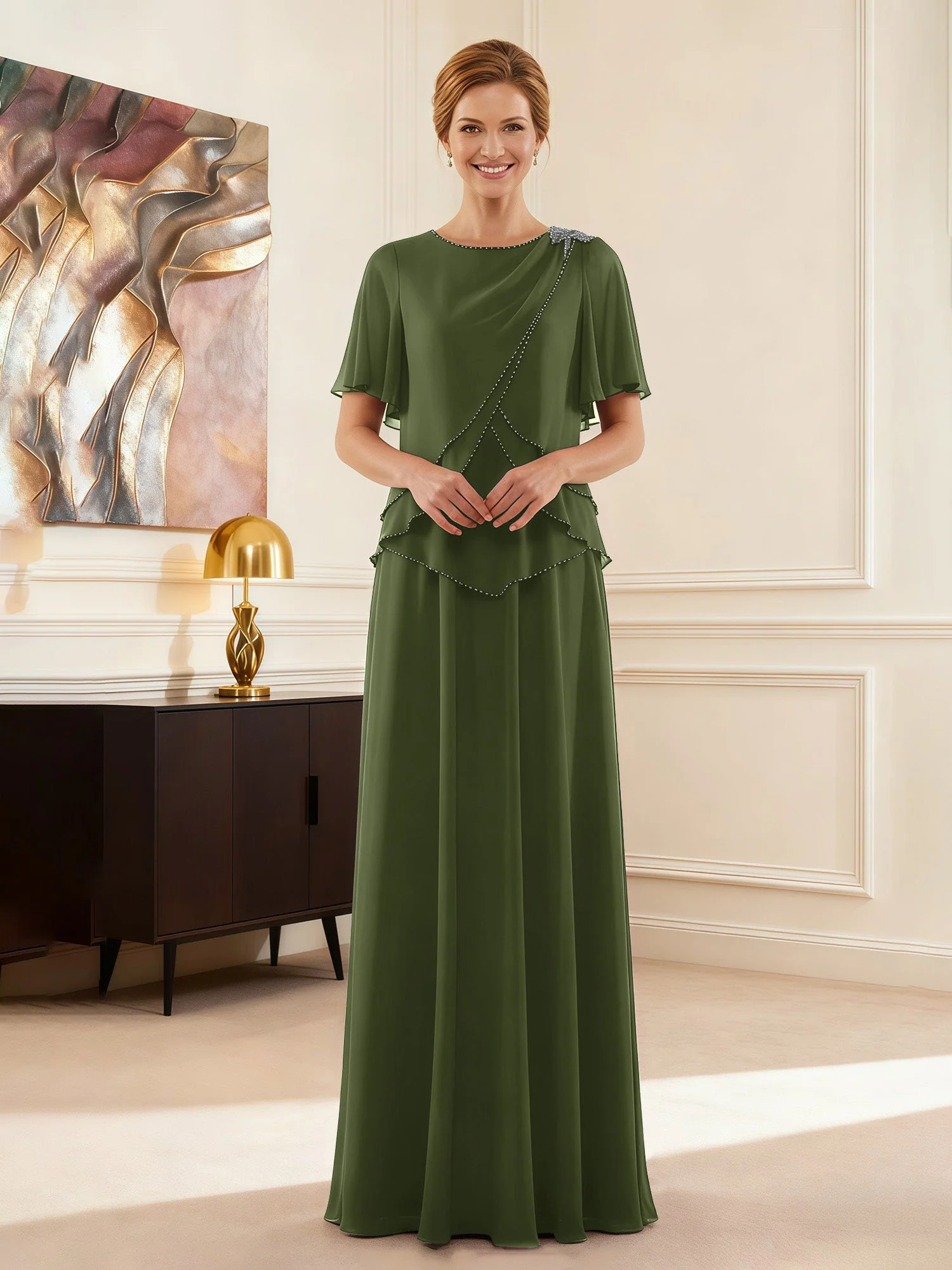 Cap Ärmel Schmuck Ausschnitt Formell Kleid Olivgrün