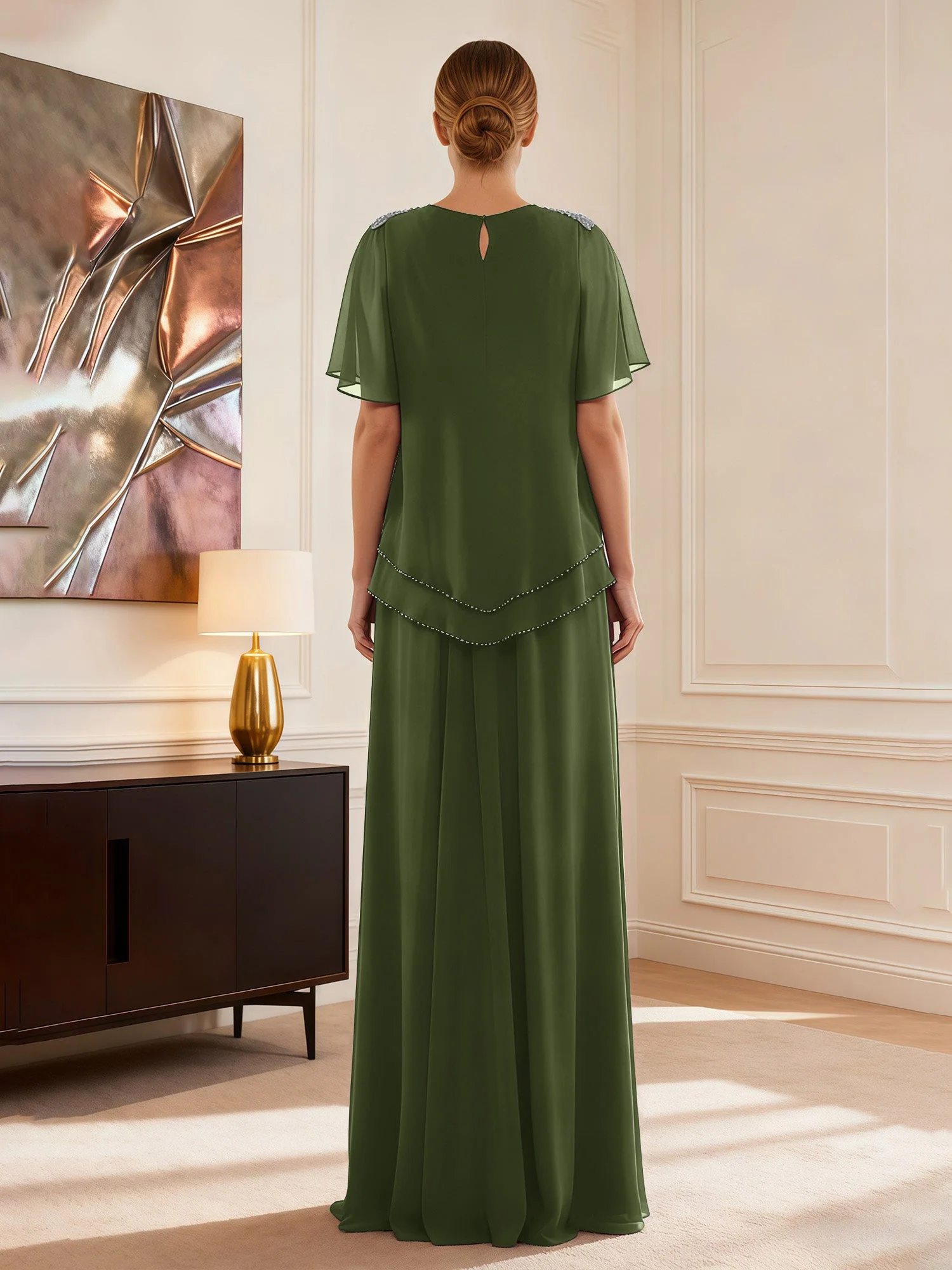 Cap Ärmel Schmuck Ausschnitt Formell Kleid Olivgrün - Image 2