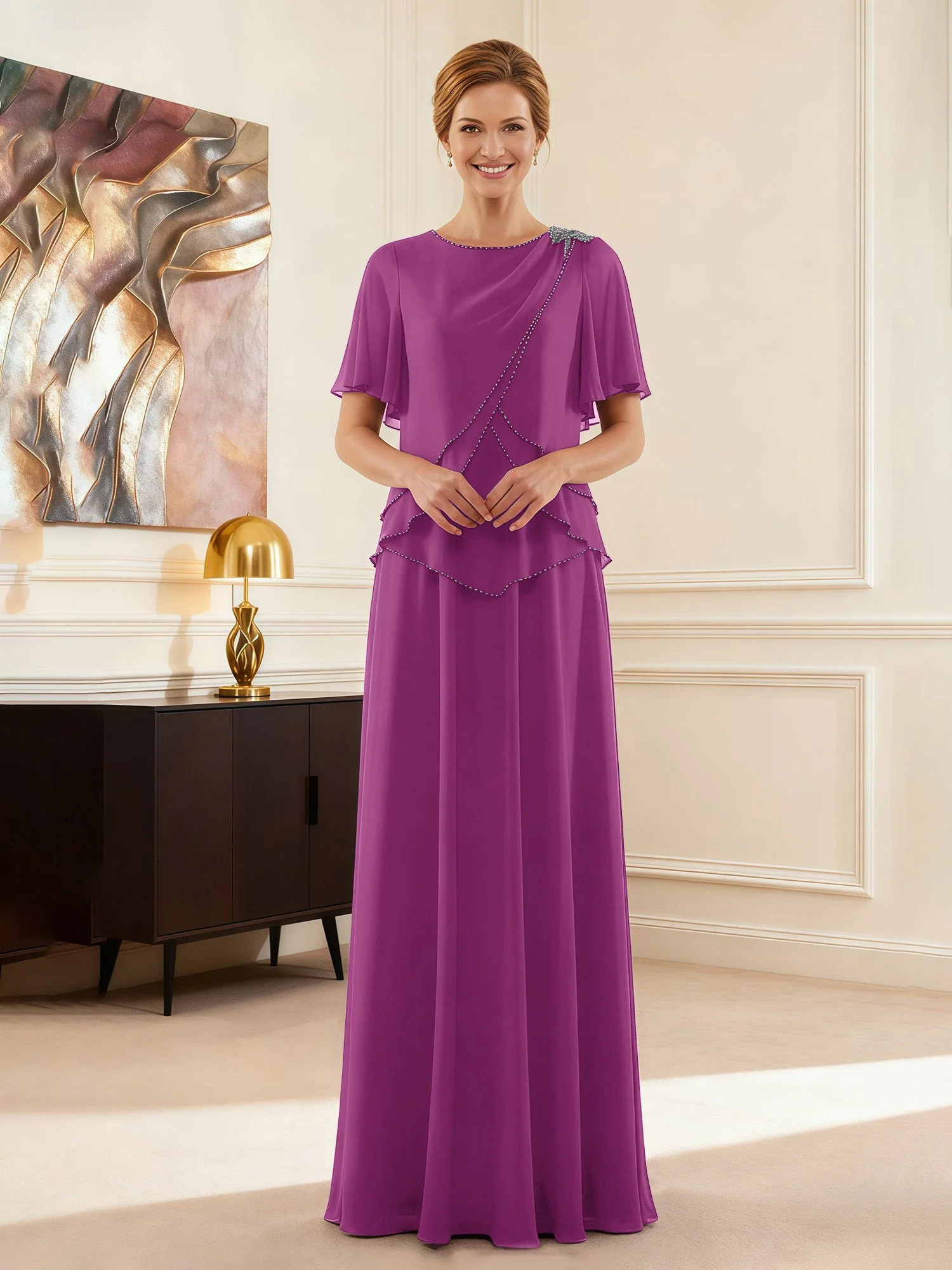 Cap Ärmel Schmuck Ausschnitt Formell Kleid Orchidee