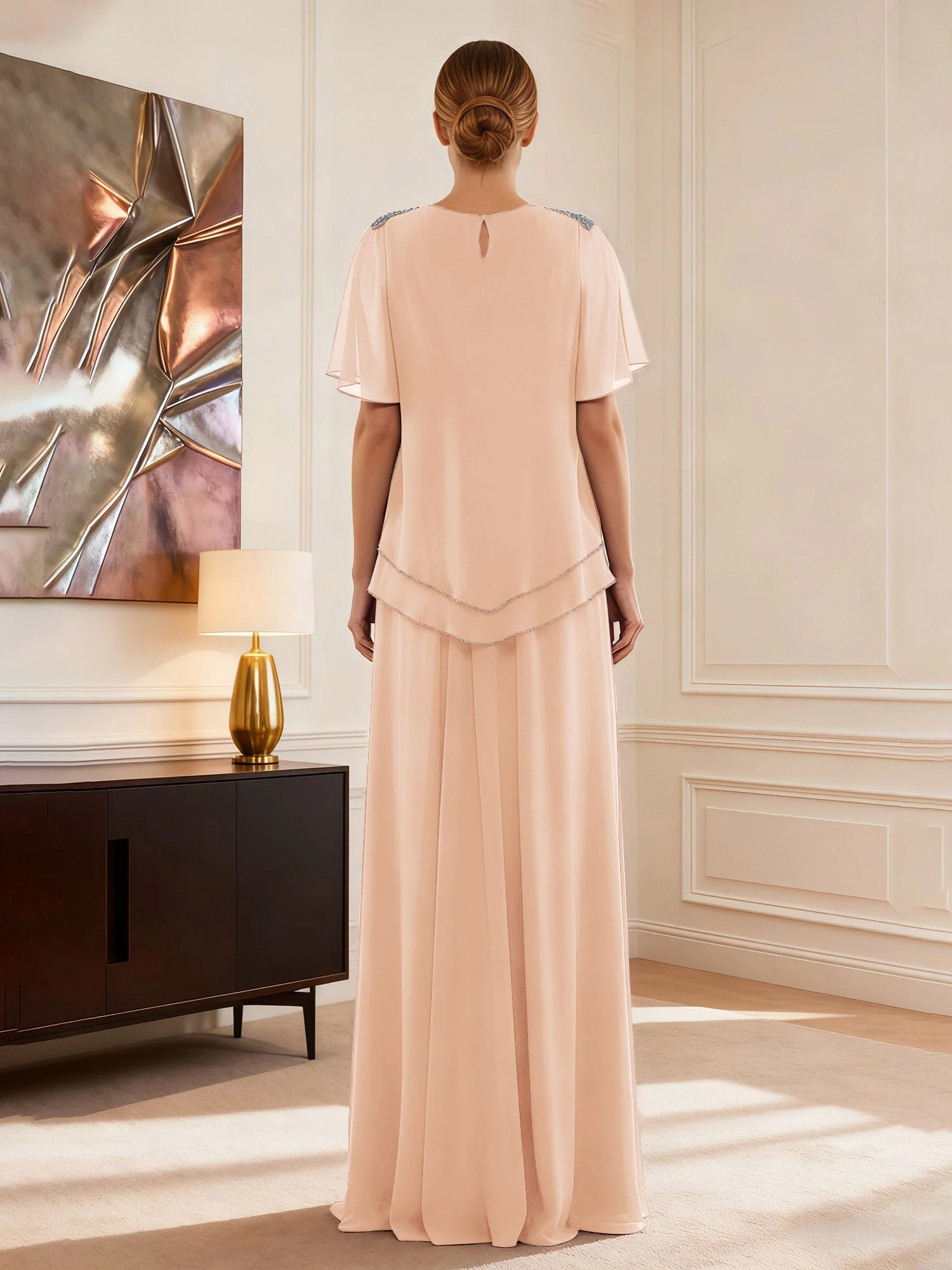 Cap Ärmel Schmuck Ausschnitt Formell Kleid Perlrosa - Image 2