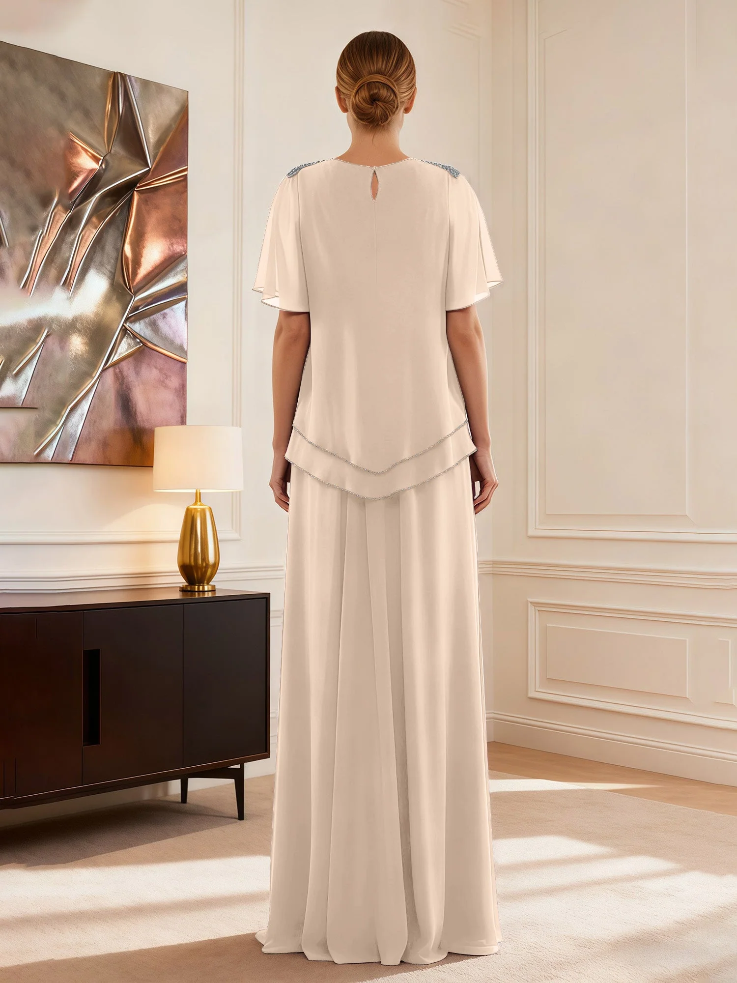 Cap Ärmel Schmuck Ausschnitt Formell Kleid Pfirsich - Image 2