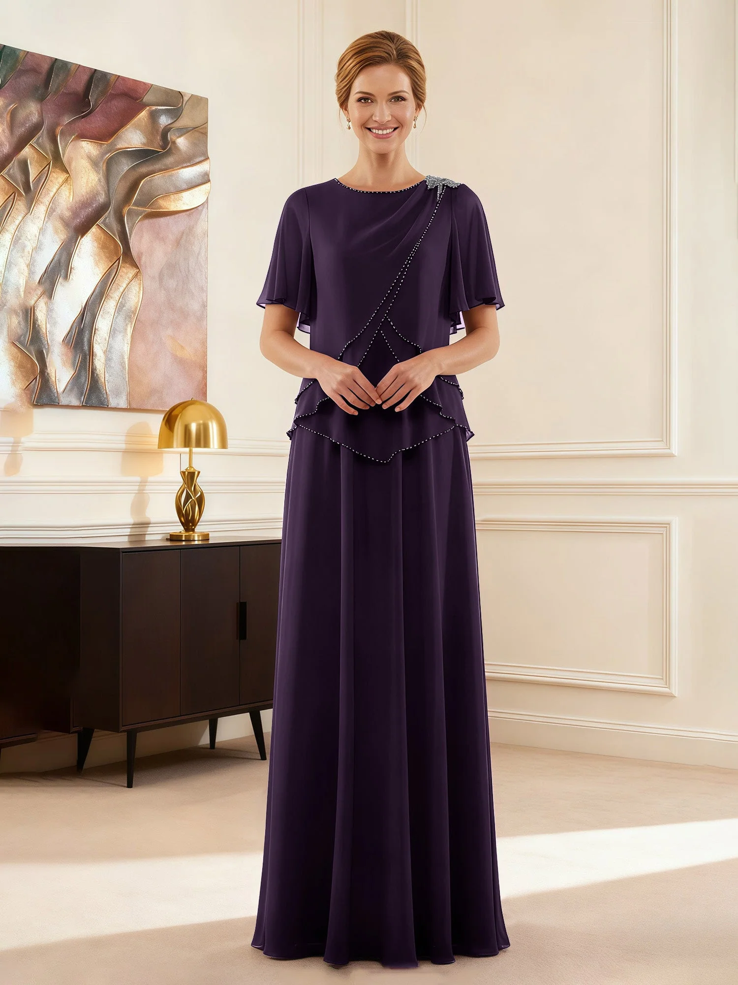 Cap Ärmel Schmuck Ausschnitt Formell Kleid Plum