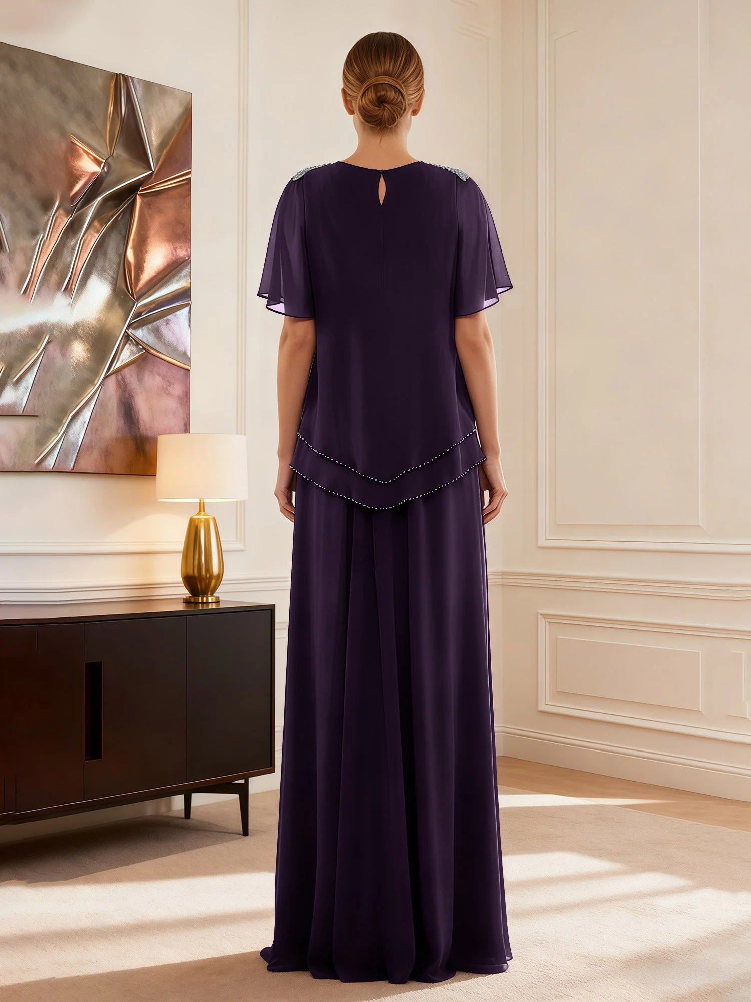 Cap Ärmel Schmuck Ausschnitt Formell Kleid Plum - Image 2