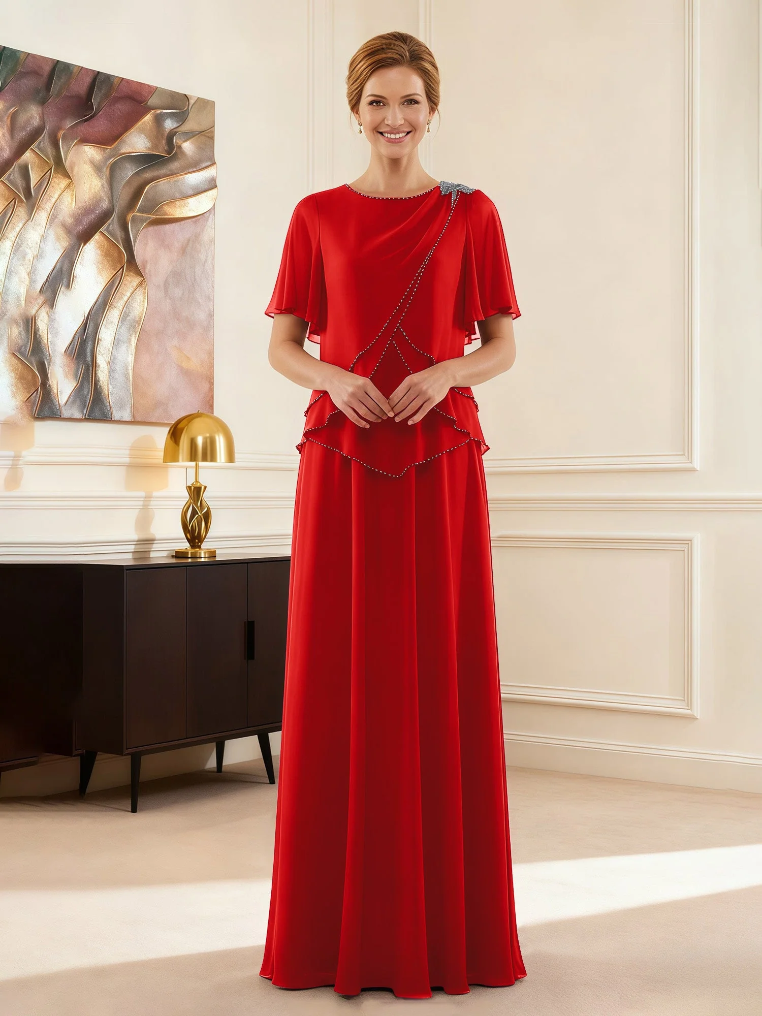 Cap Ärmel Schmuck Ausschnitt Formell Kleid Rot