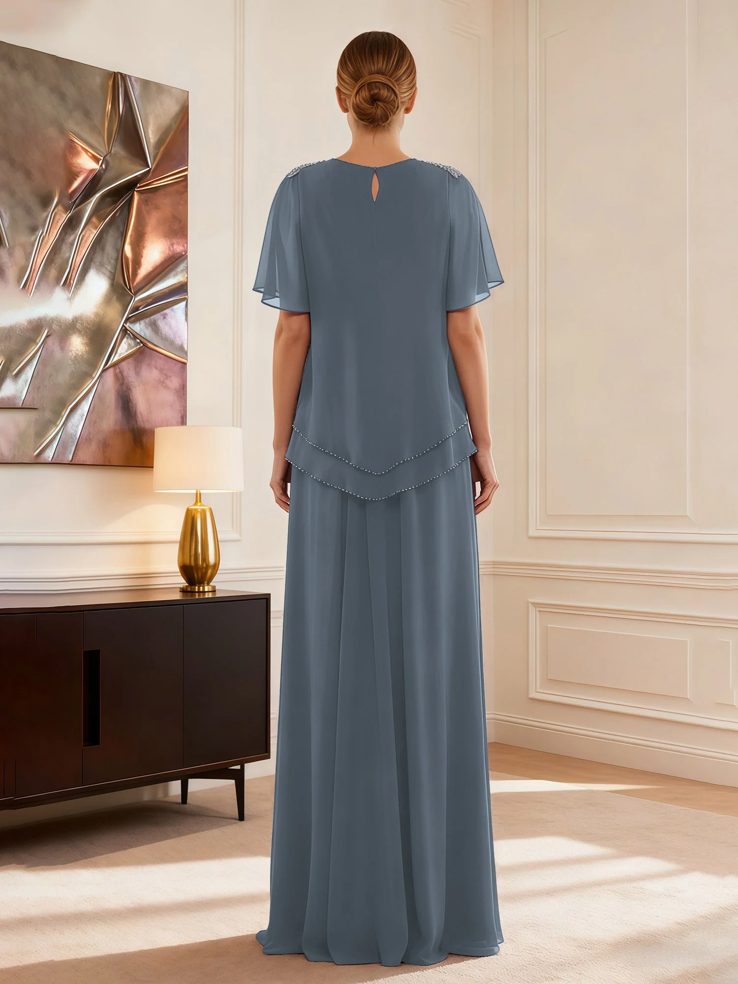 Cap Ärmel Schmuck Ausschnitt Formell Kleid Schiefer Blau - Image 2