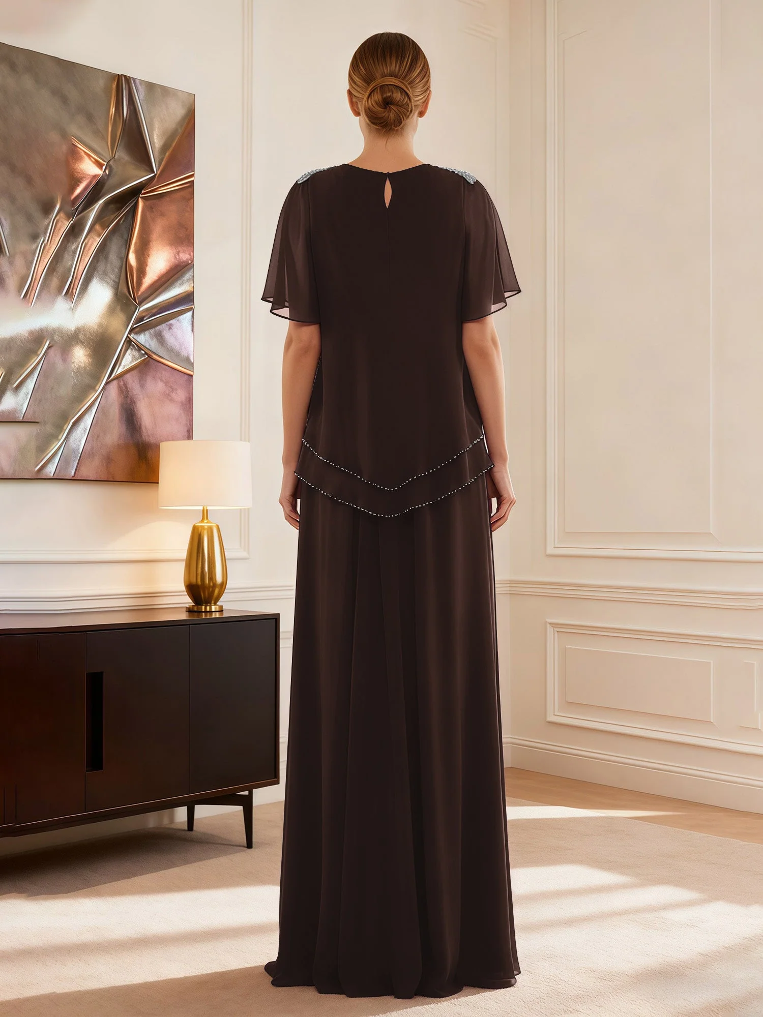 Cap Ärmel Schmuck Ausschnitt Formell Kleid Schokolade - Image 2