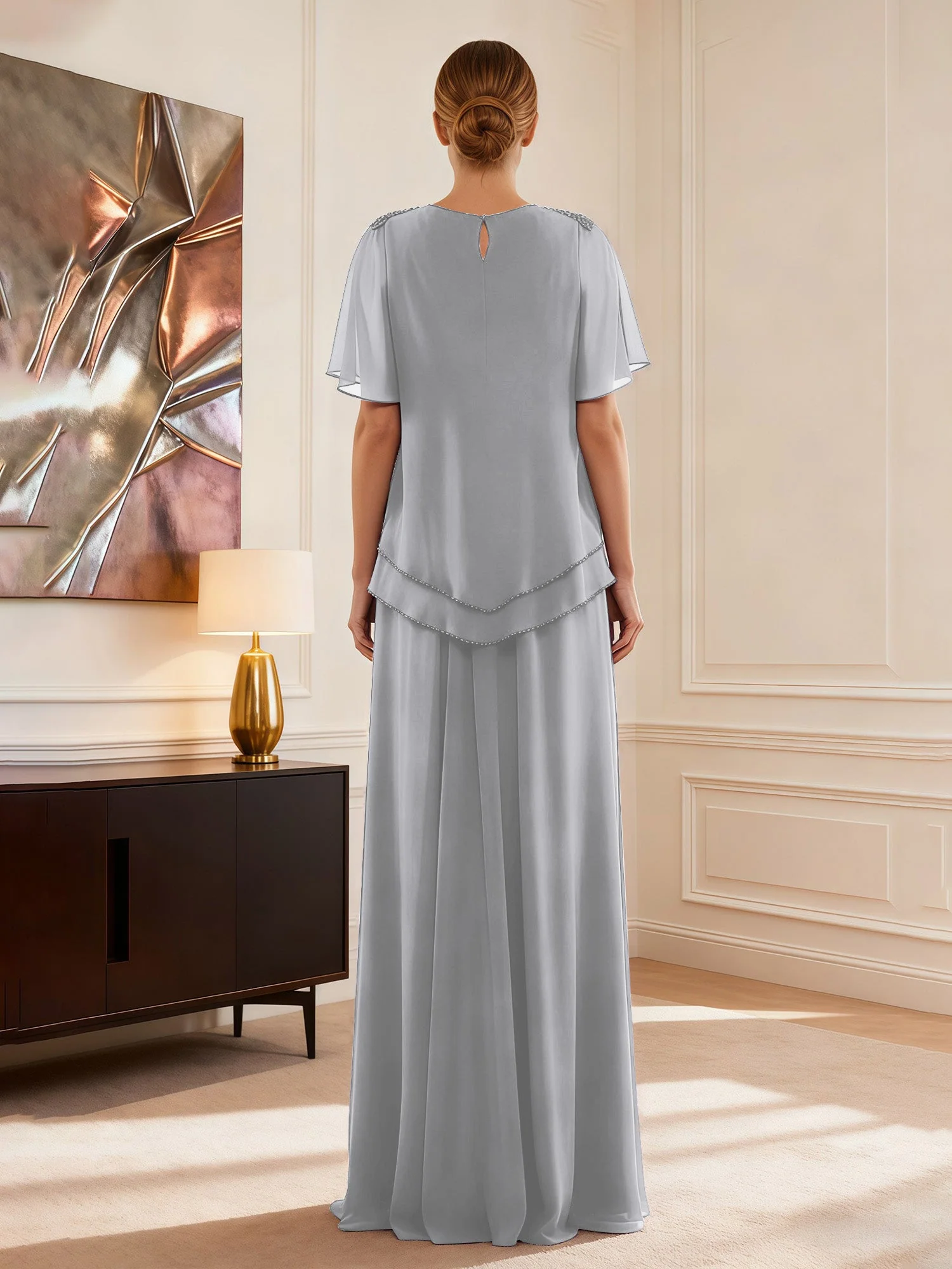 Cap Ärmel Schmuck Ausschnitt Formell Kleid Silber - Image 2