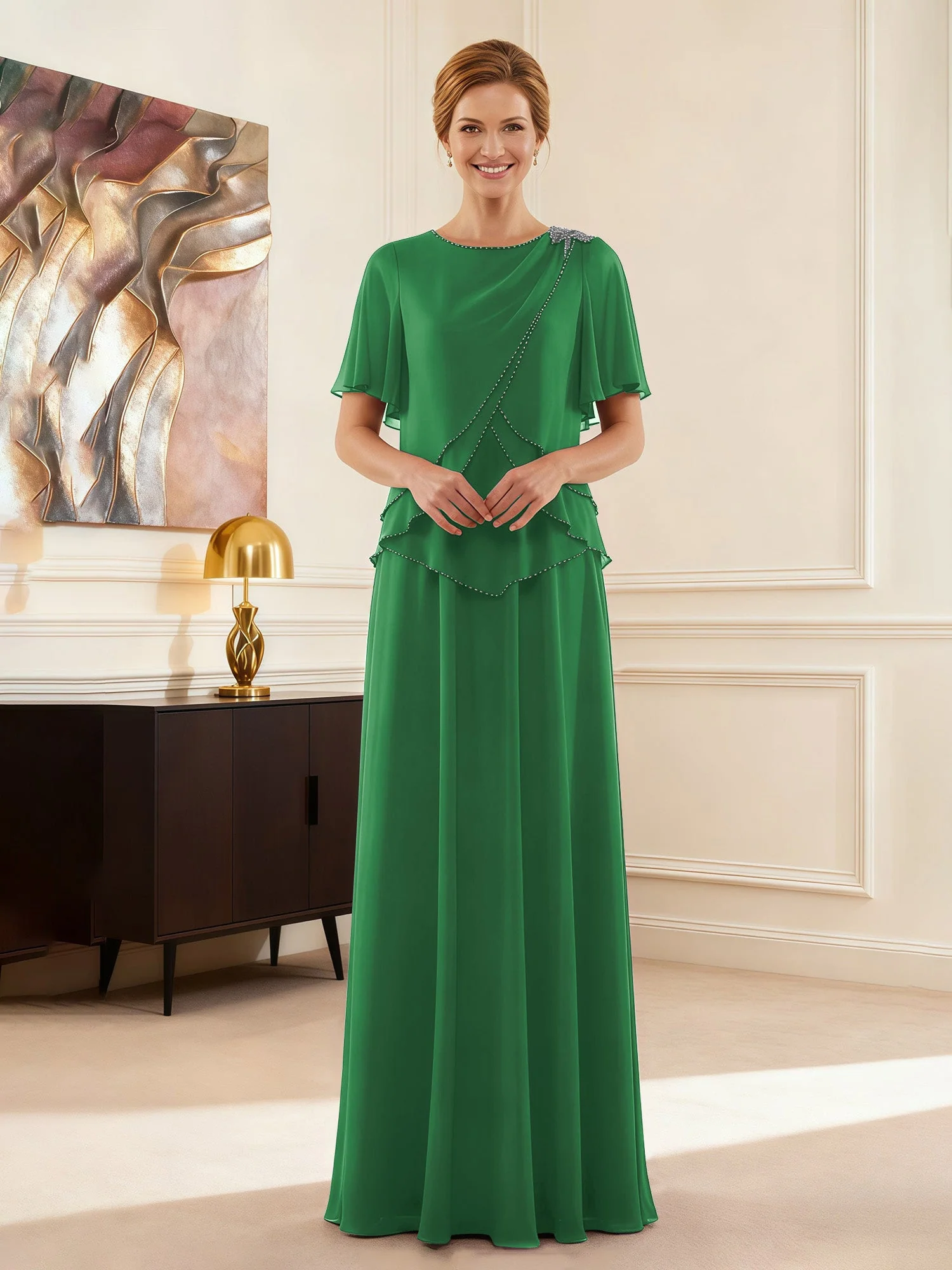 Cap Ärmel Schmuck Ausschnitt Formell Kleid Smaragd