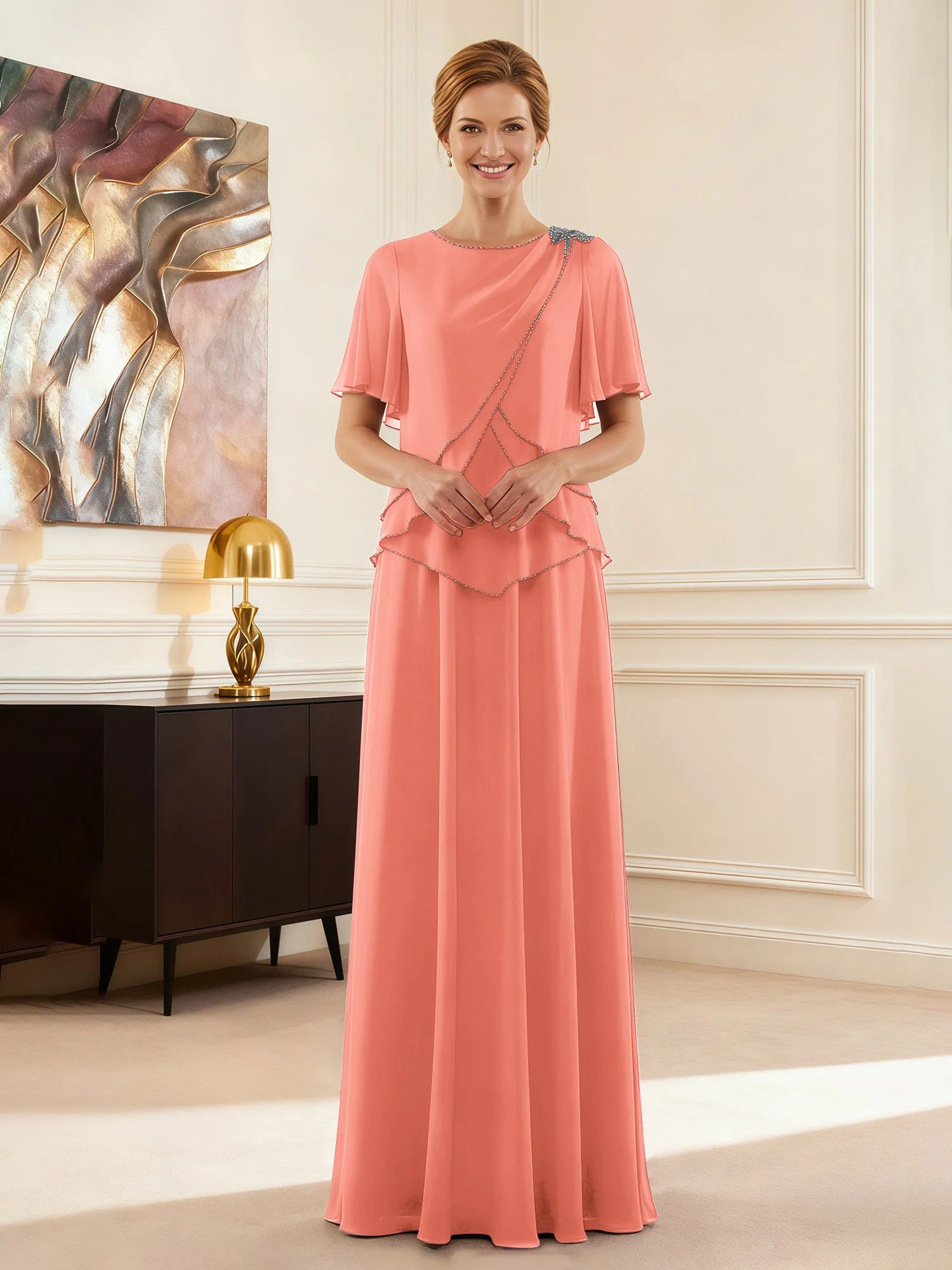 Cap Ärmel Schmuck Ausschnitt Formell Kleid Sonnenuntergang