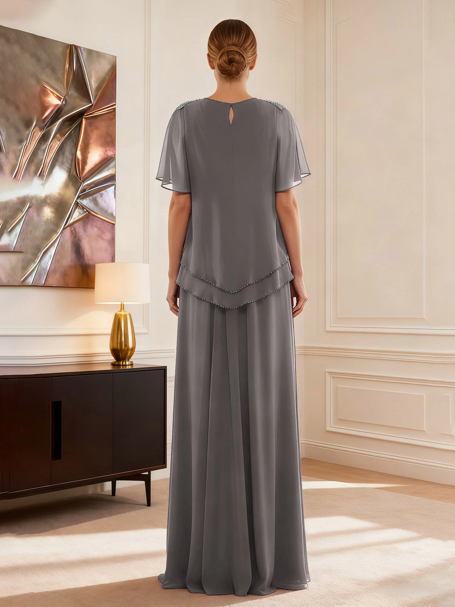 Cap Ärmel Schmuck Ausschnitt Formell Kleid Stahlgrau - Image 2