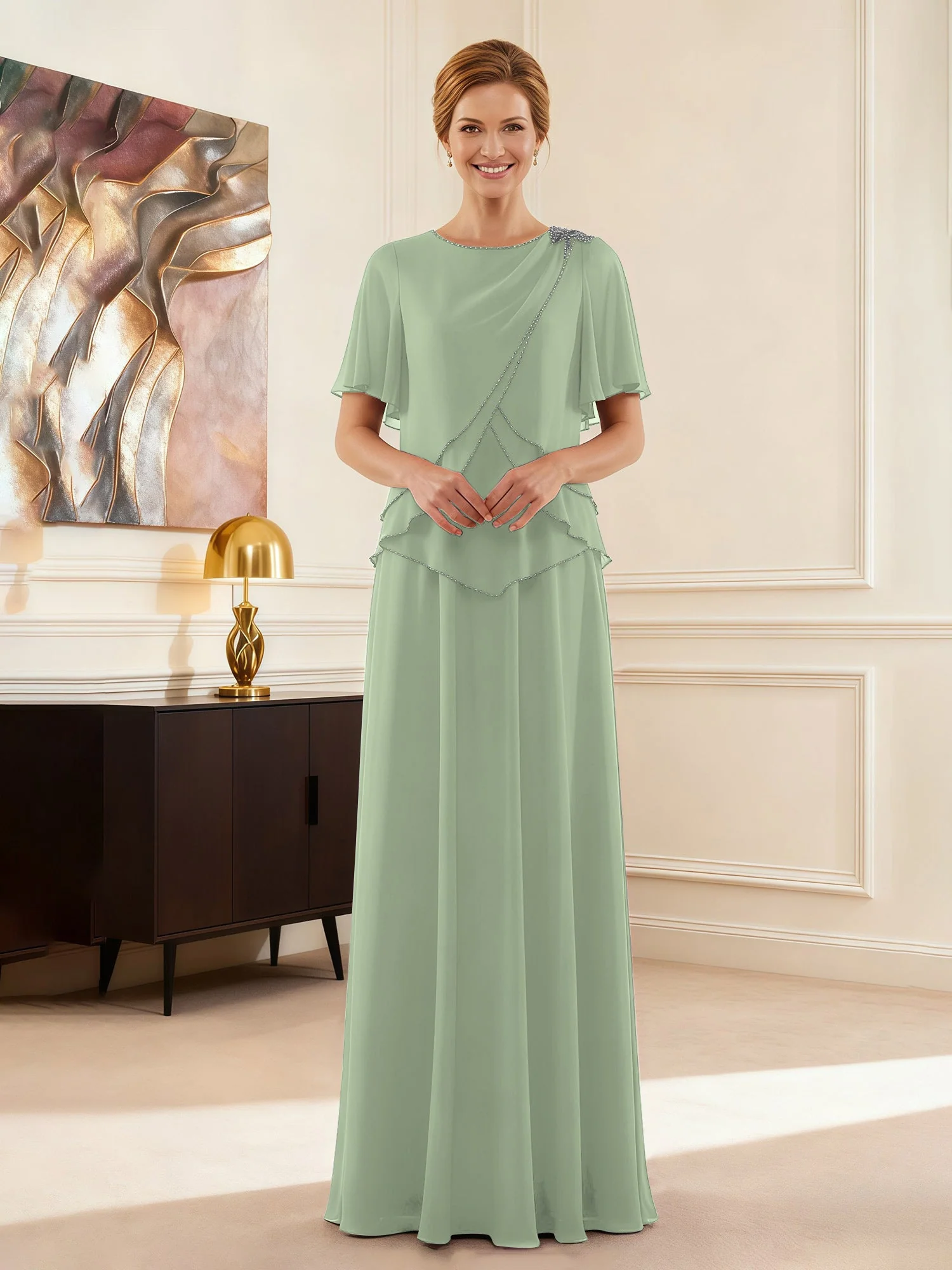 Cap Ärmel Schmuck Ausschnitt Formell Kleid Staubiges Salbei