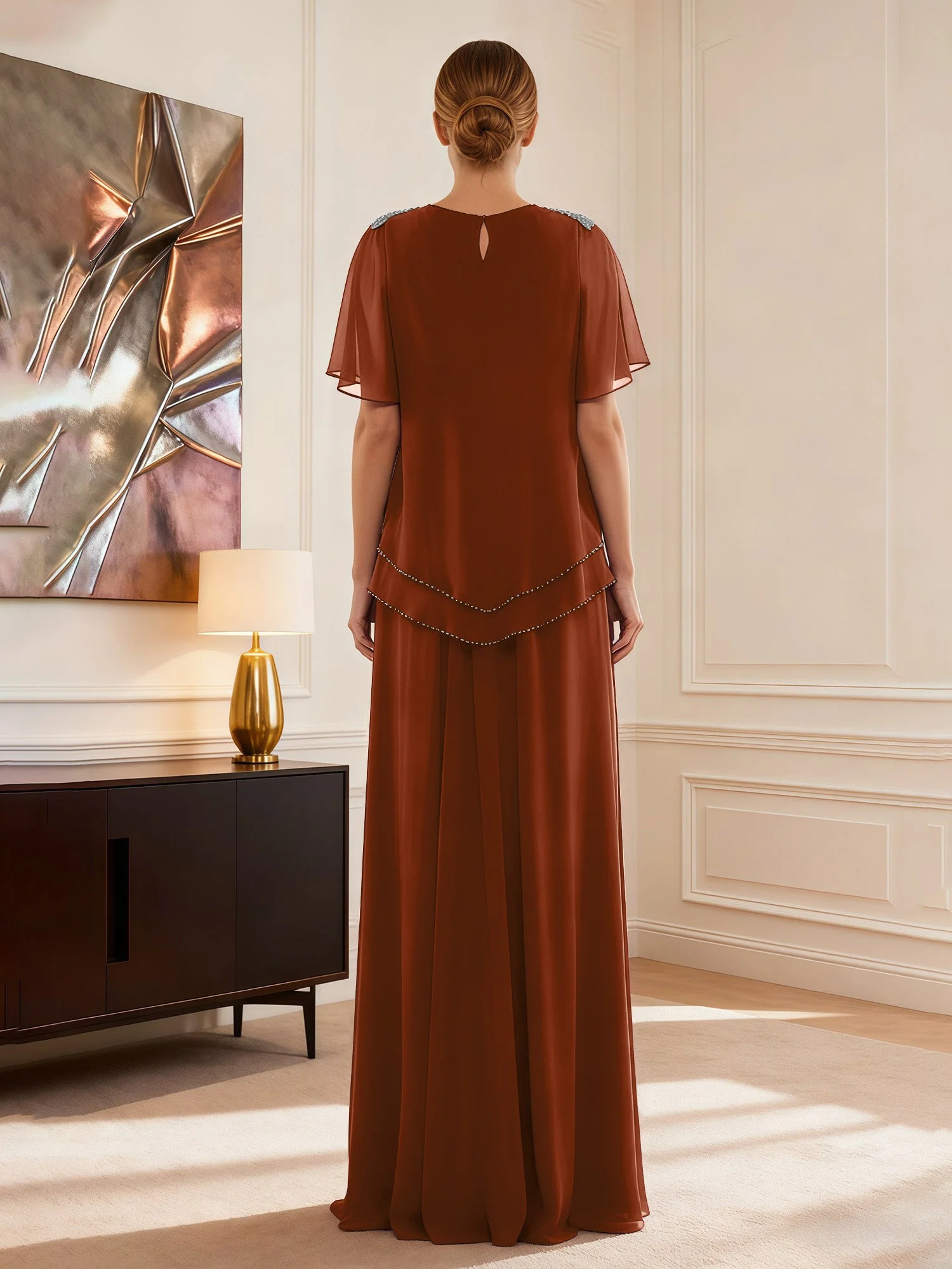 Cap Ärmel Schmuck Ausschnitt Formell Kleid Terrakotta - Image 2