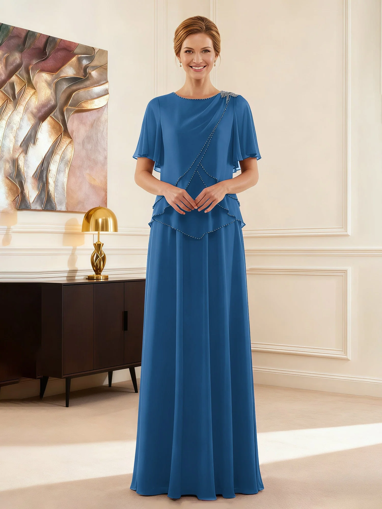 Cap Ärmel Schmuck Ausschnitt Formell Kleid Tinte Blau
