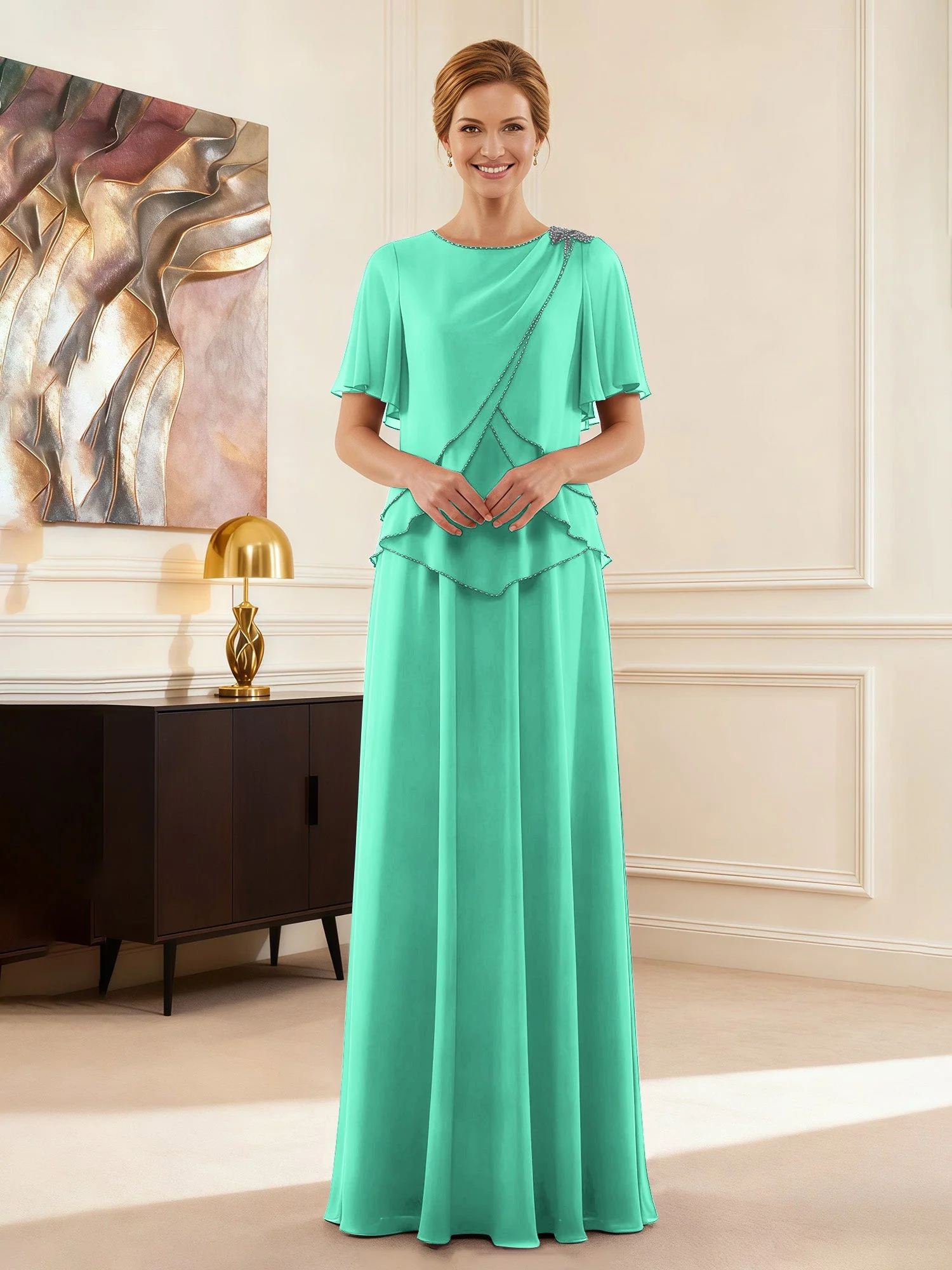 Cap Ärmel Schmuck Ausschnitt Formell Kleid Türkis