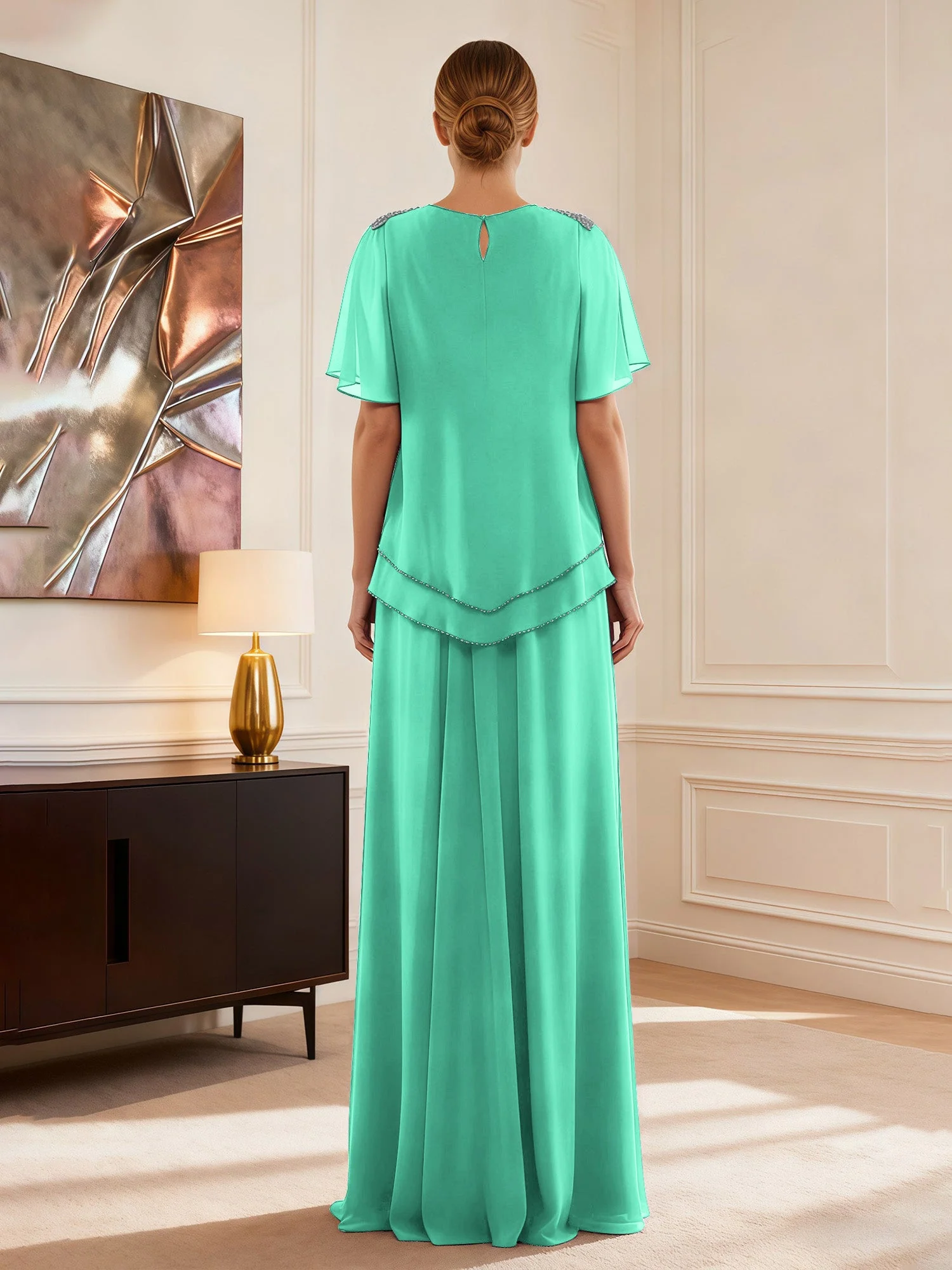 Cap Ärmel Schmuck Ausschnitt Formell Kleid Türkis - Image 2