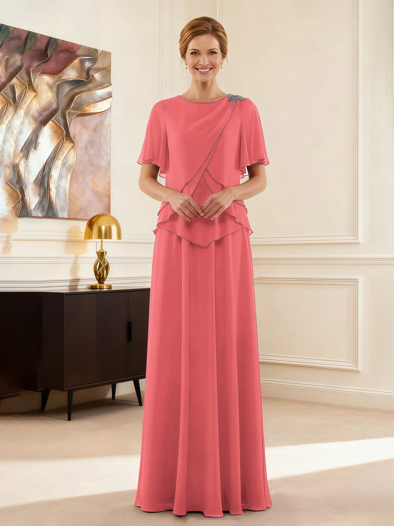 Cap Ärmel Schmuck Ausschnitt Formell Kleid Wassermelone
