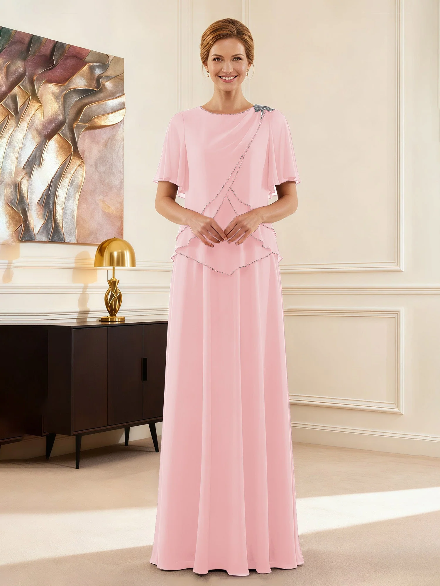 Cap Ärmel Schmuck Ausschnitt Formell Kleid Zartrosa