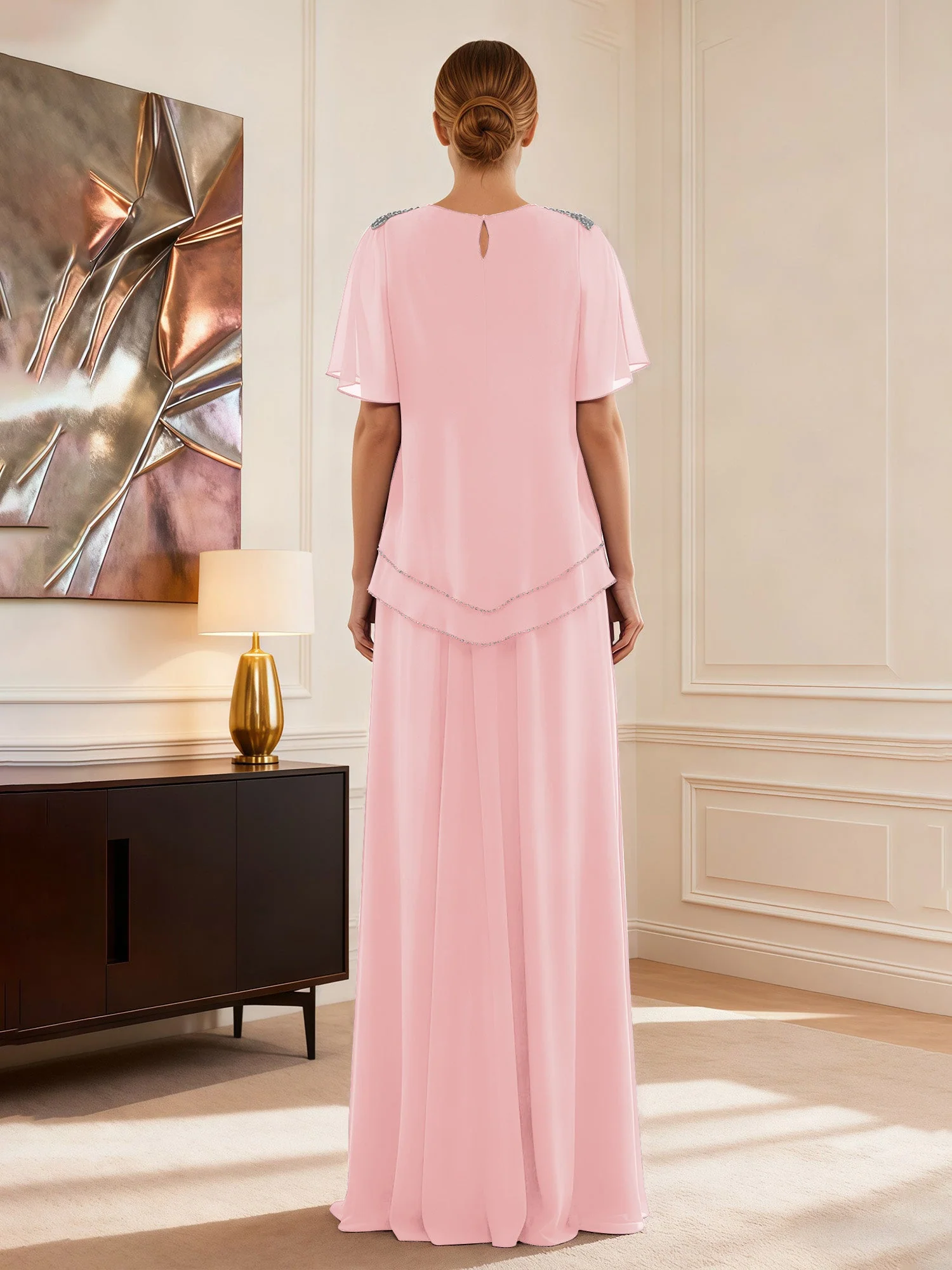 Cap Ärmel Schmuck Ausschnitt Formell Kleid Zartrosa - Image 2