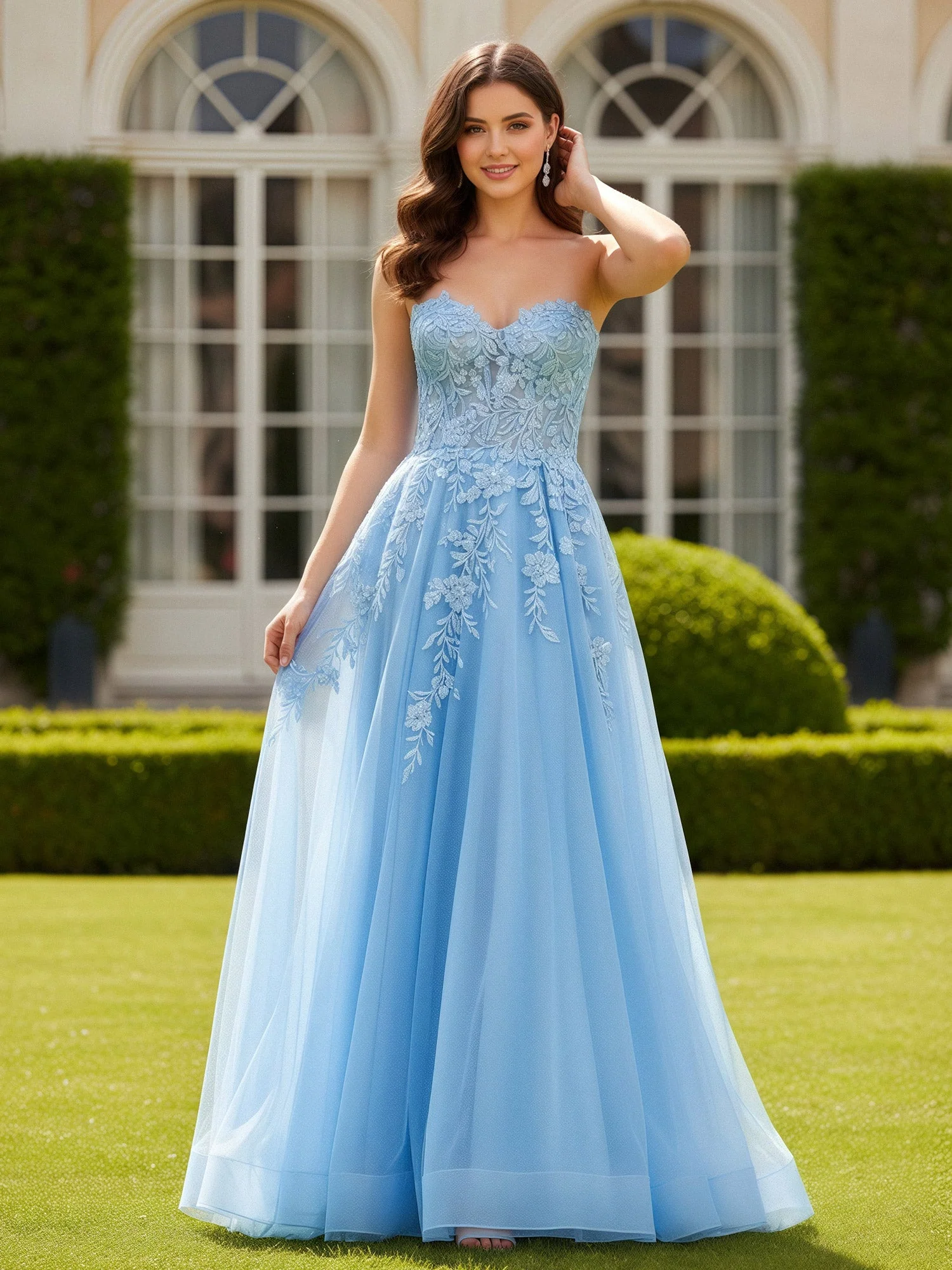 Herzform Applique Korsett A-Linie Tüll Lang Kleid Himmelblau