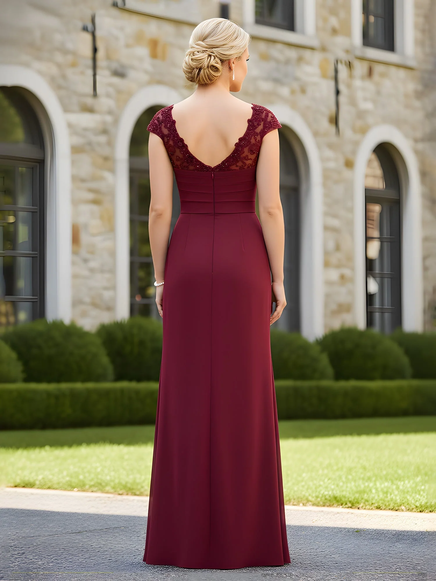 Plissee Spitze Cap Ärmel Rüschen Etui Kleid Tinte Blau - Image 2