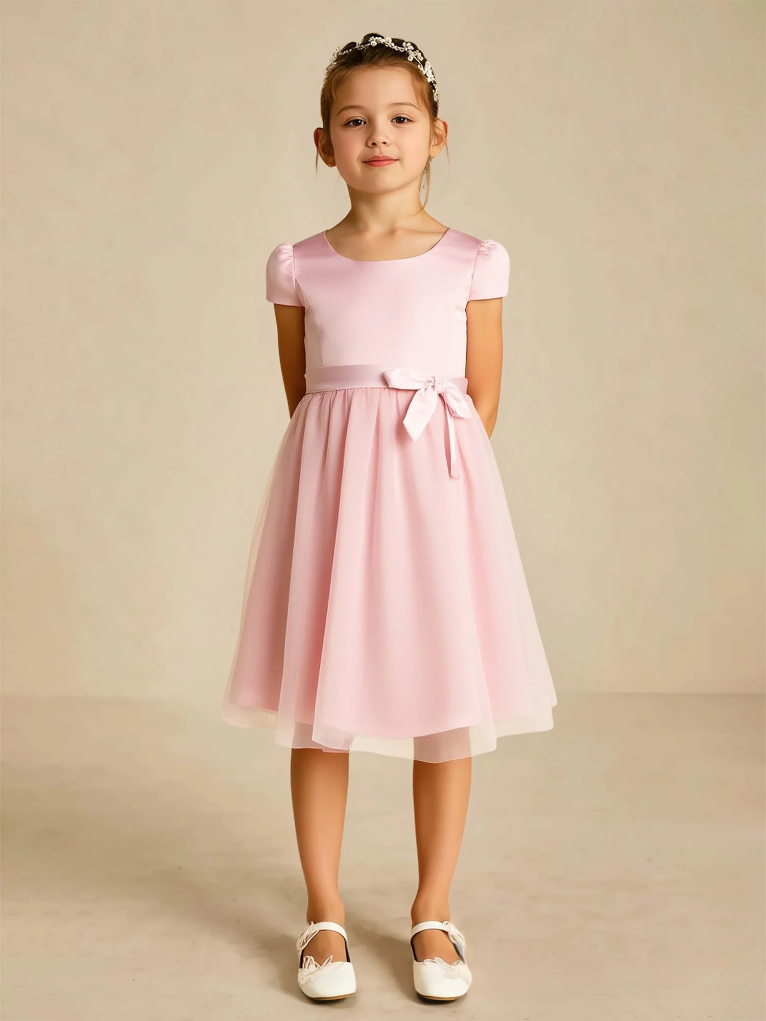 Scoop A-Linie Knielang Blumenmädchen Kleid mit Schleife Zartrosa