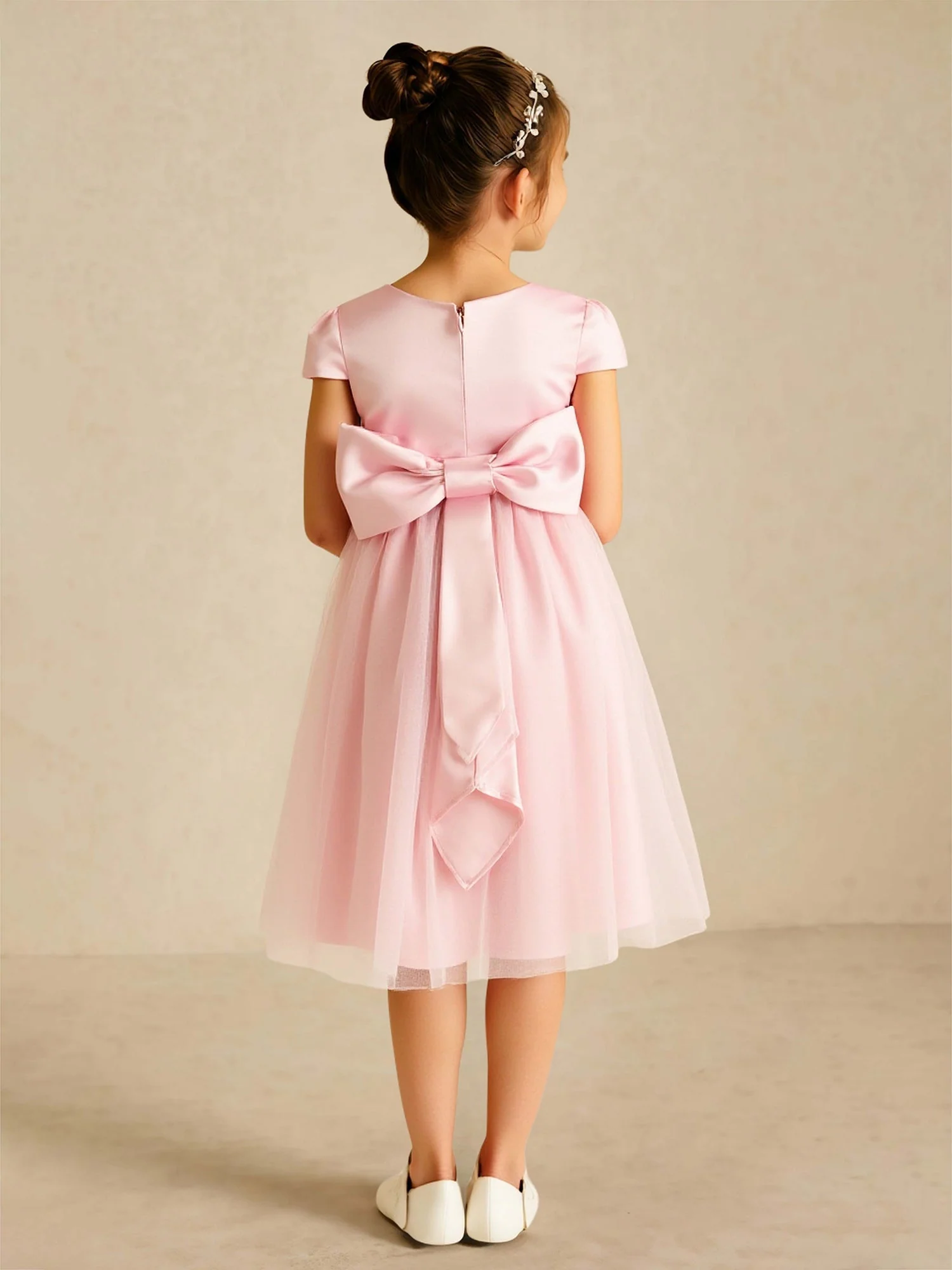 Scoop A-Linie Knielang Blumenmädchen Kleid mit Schleife Zartrosa - Image 2