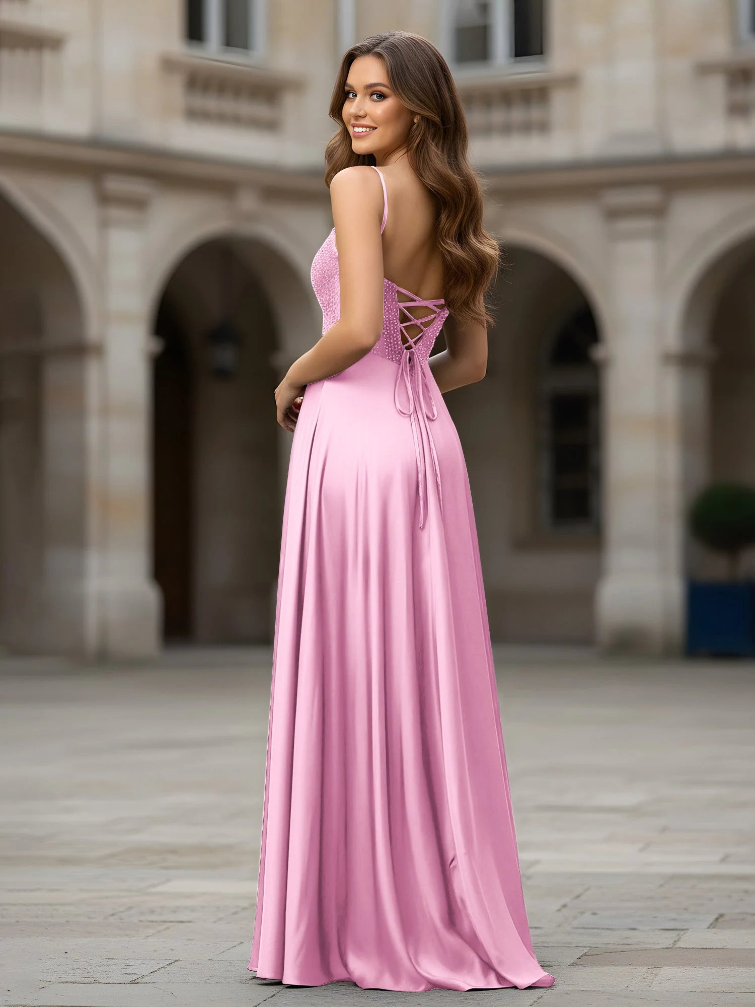 Herzform Perlen Oberteil A-Linie Lang Kleid Bonbonrosa - Image 2