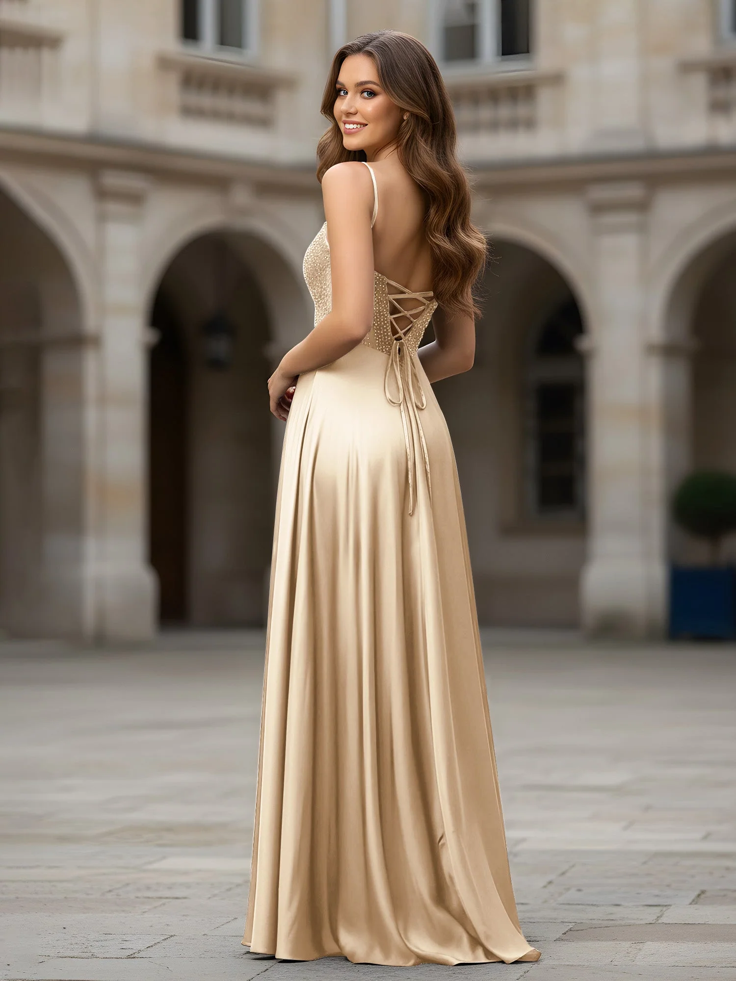 Herzform Perlen Oberteil A-Linie Lang Kleid Champagner - Image 2