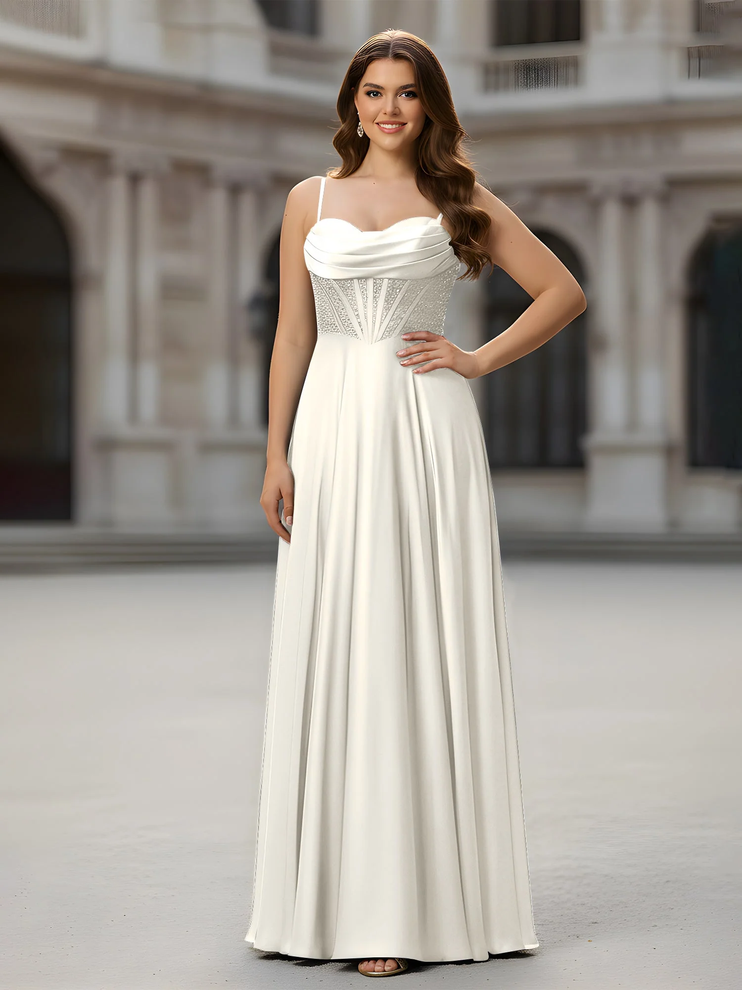 Herzform Perlen Oberteil A-Linie Lang Kleid Elfenbein