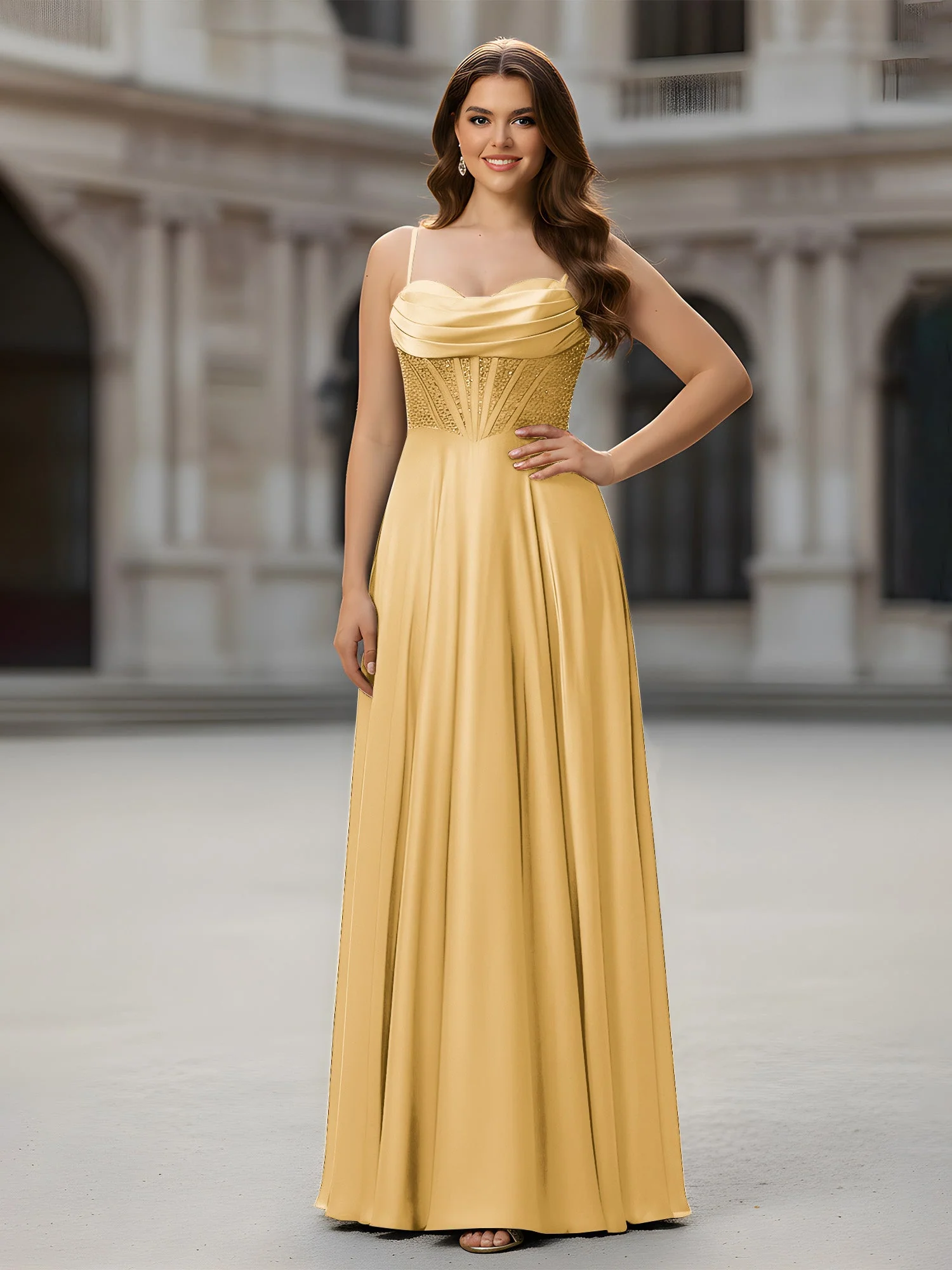 Herzform Perlen Oberteil A-Linie Lang Kleid Gold
